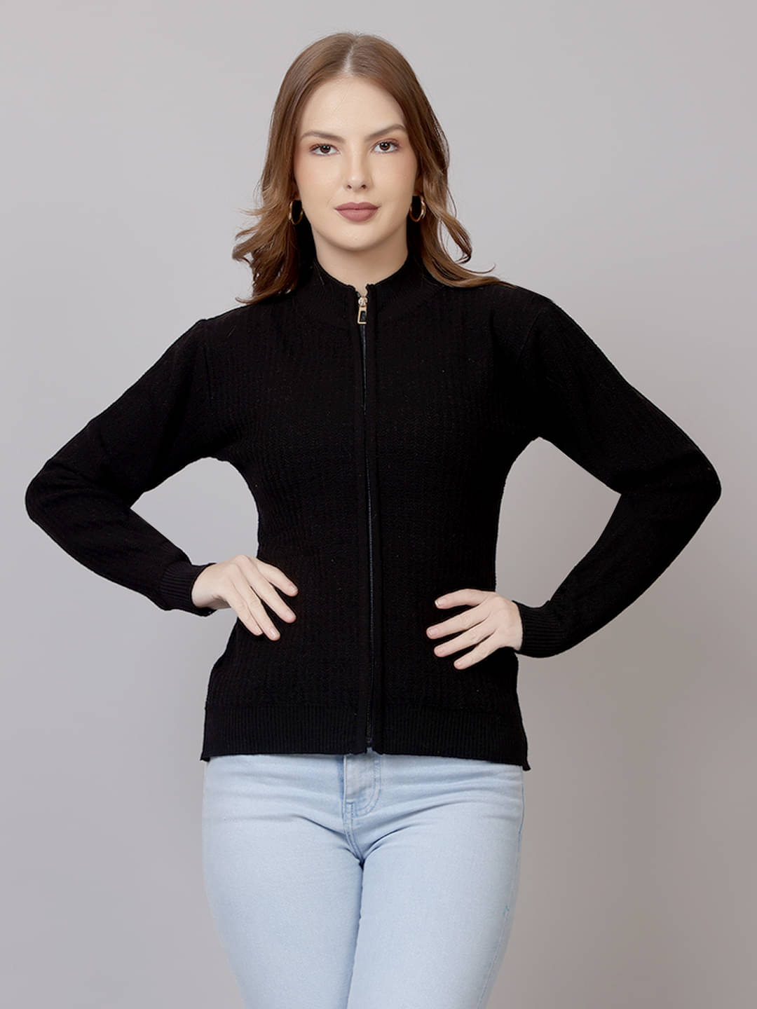 FEVERFEW Woollen Regular Collar Women's Zippered Cardigans - Black ( Pack of 1 ) FEVERFEW Woollen Regular Collar Women's Zippered Cardigans - Black ( Pack of 1 )