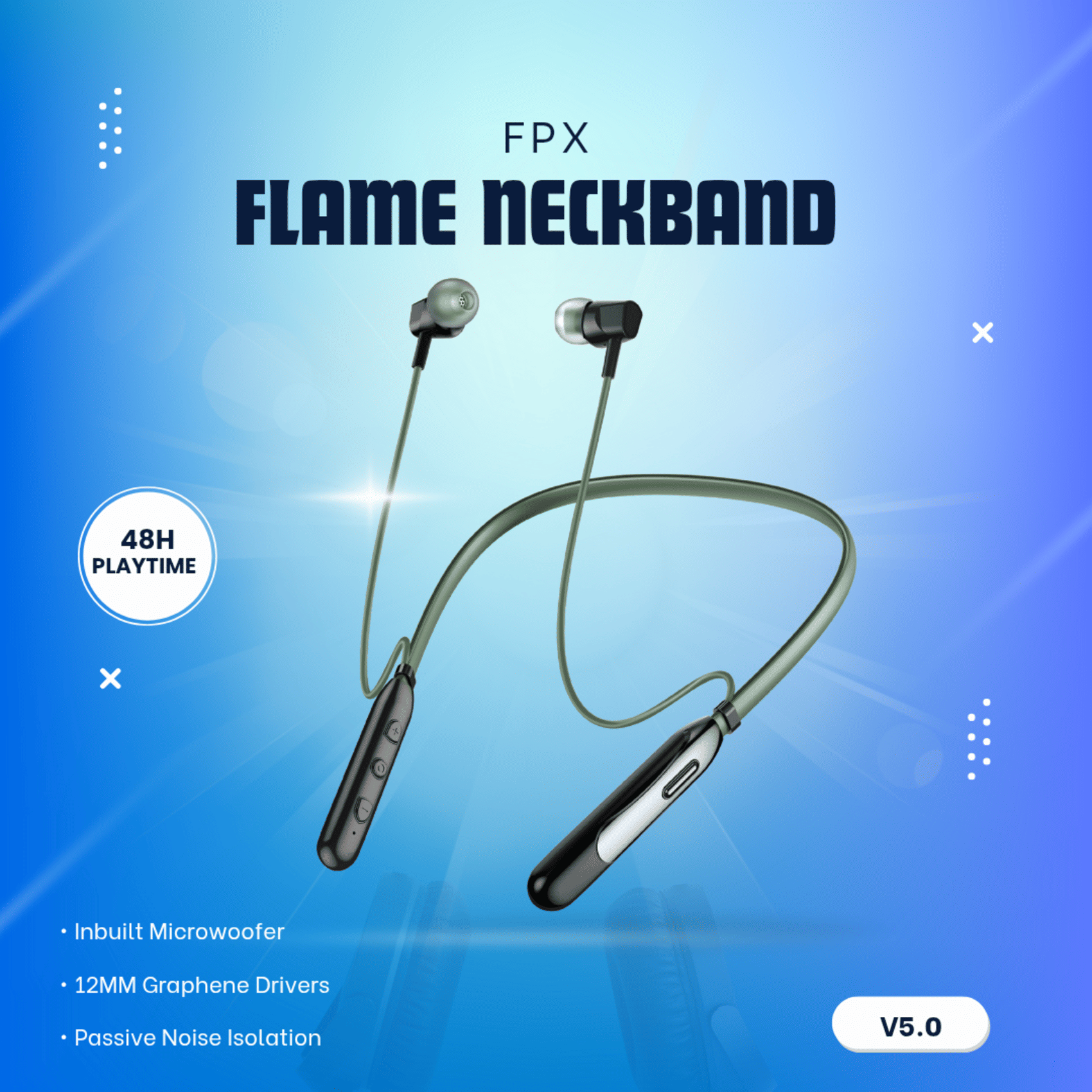     			FPX Crystal Sound Wireless Neckband | Pure Clarity with Powerful Bass | 48 Hours (Black & Green)
