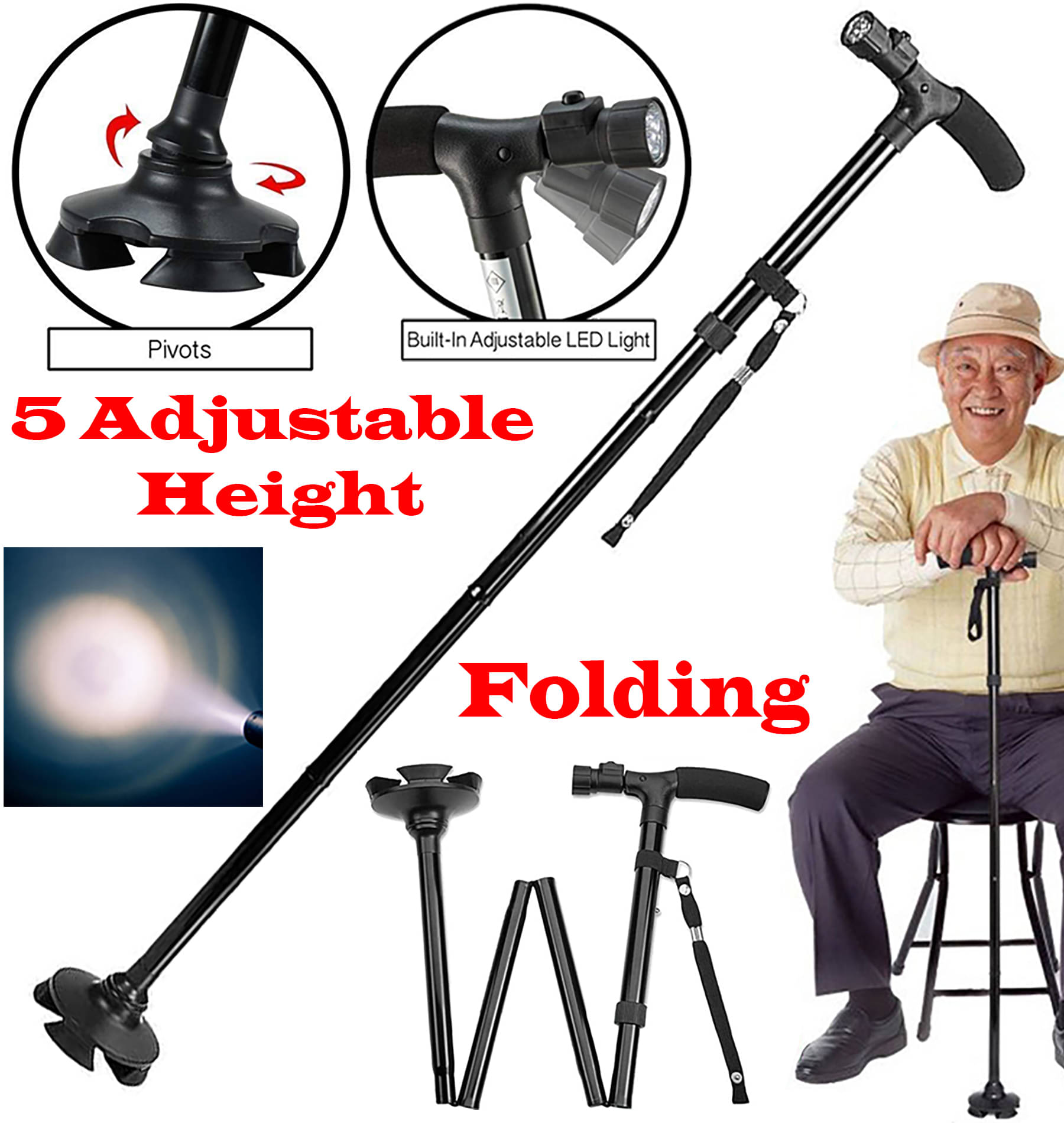     			JMALL Folding with Torch Steel Walking Sticks