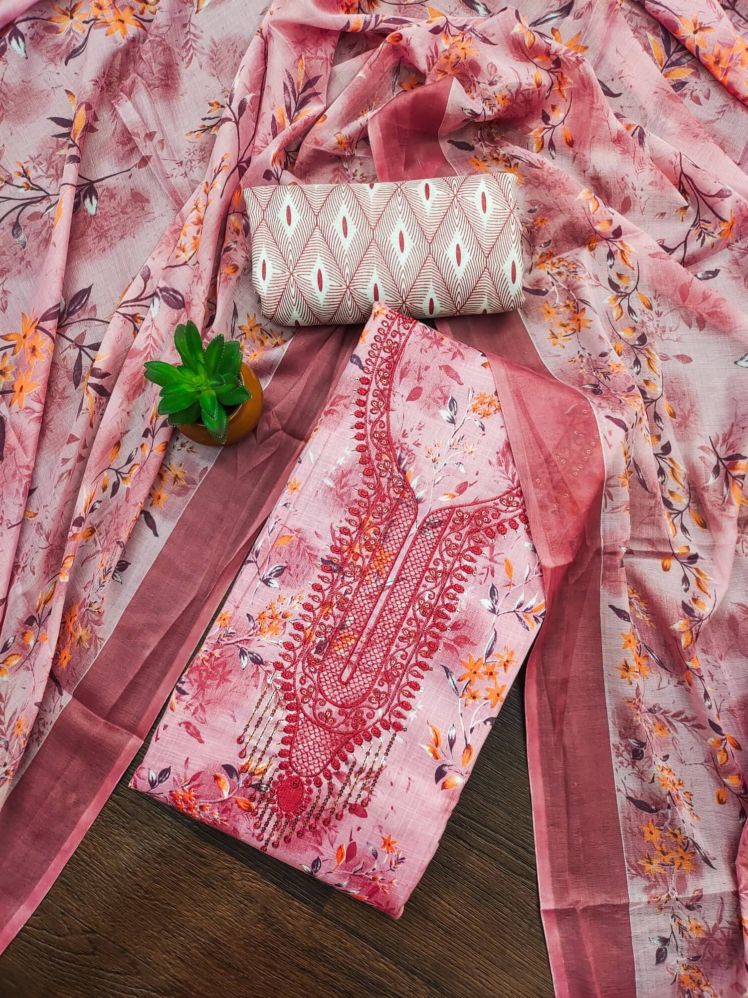 Panbai sarees Women Cotton Blend Unstitched Dress Material ( Pink ) Panbai sarees Women Cotton Blend Unstitched Dress Material ( Pink )