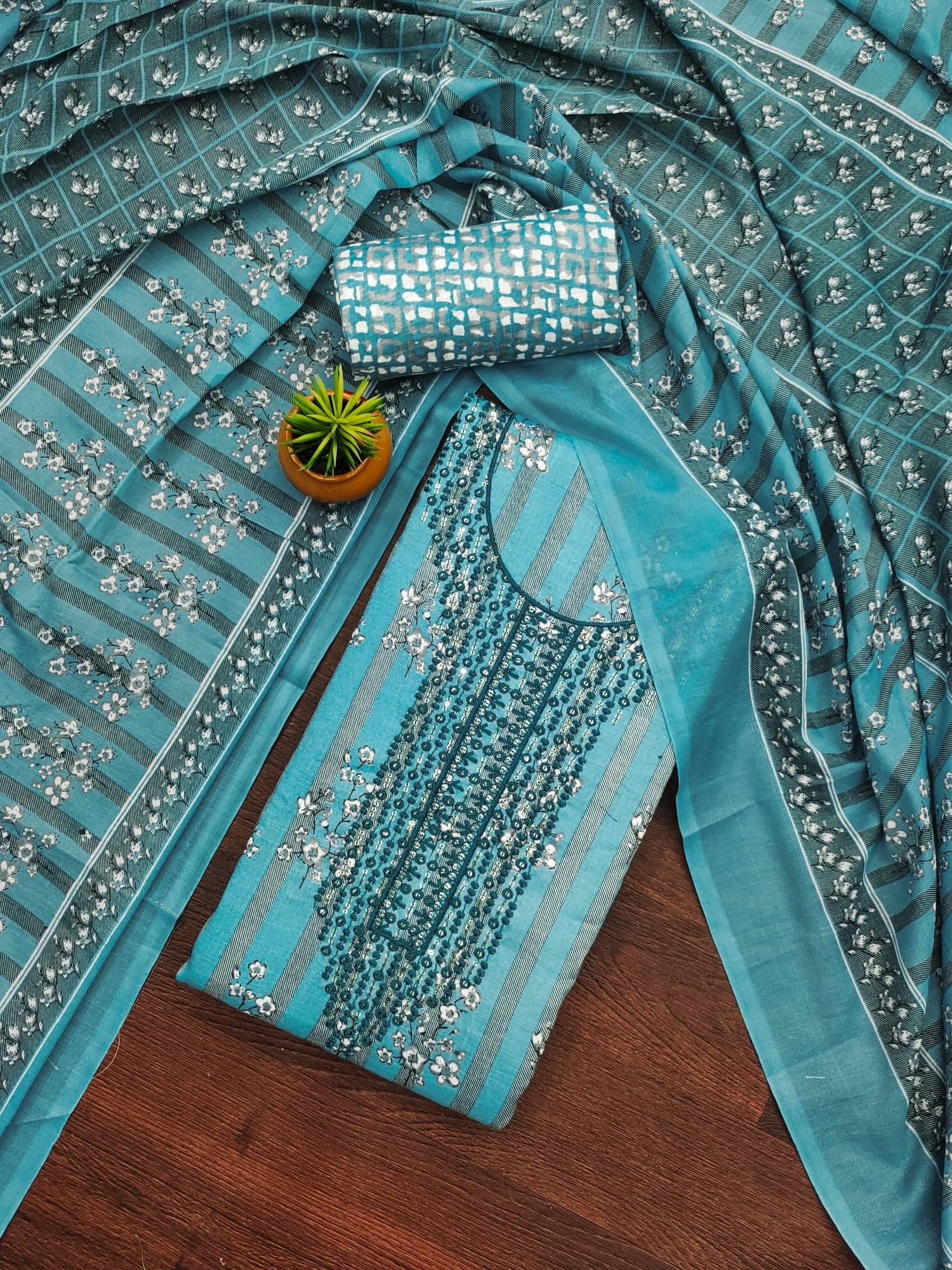 Panbai sarees Women Cotton Blend Unstitched Dress Material ( Blue ) Panbai sarees Women Cotton Blend Unstitched Dress Material ( Blue )