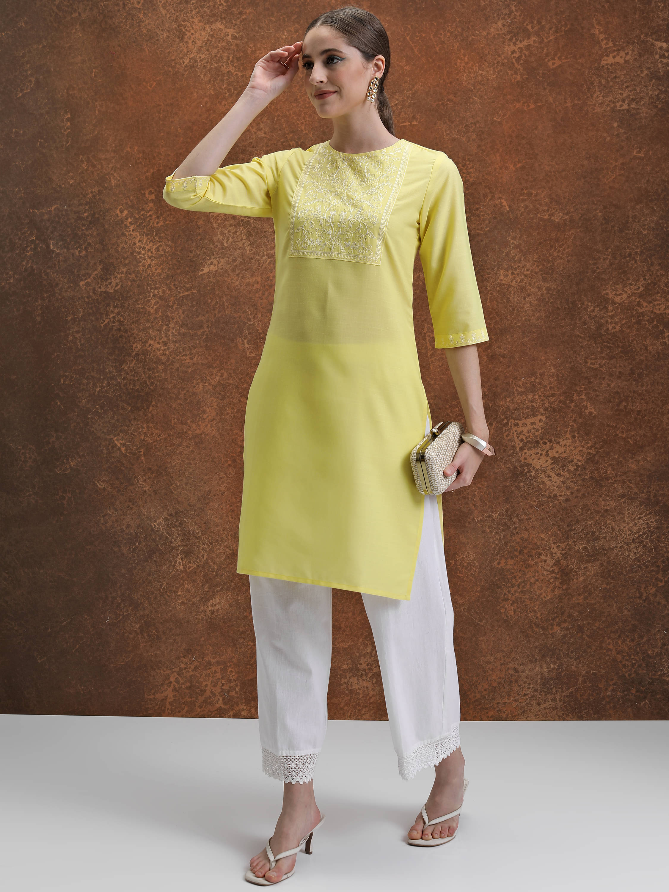     			Vishudh Women Polyester Embroidered Straight Kurti ( Yellow )