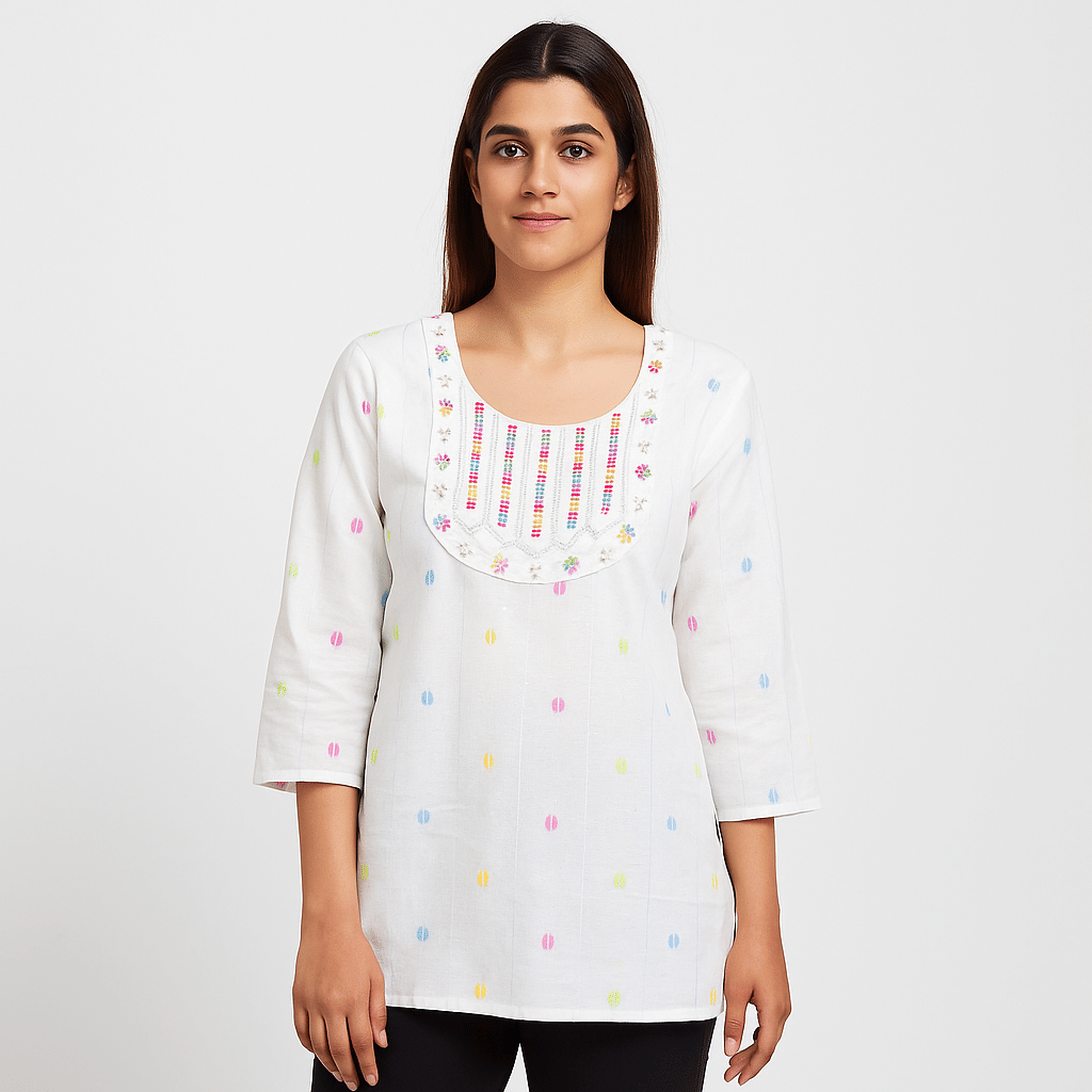 designally Women Cotton Self Design Straight Kurti ( White )     			designally Women Cotton Self Design Straight Kurti ( White )