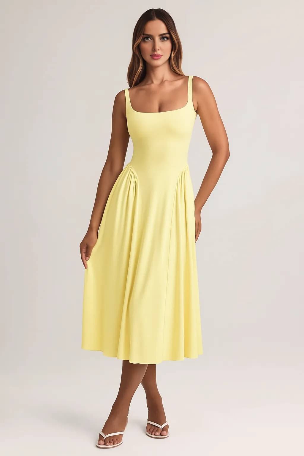     			wanquila Women Lycra Solid A-line Dress ( Yellow )