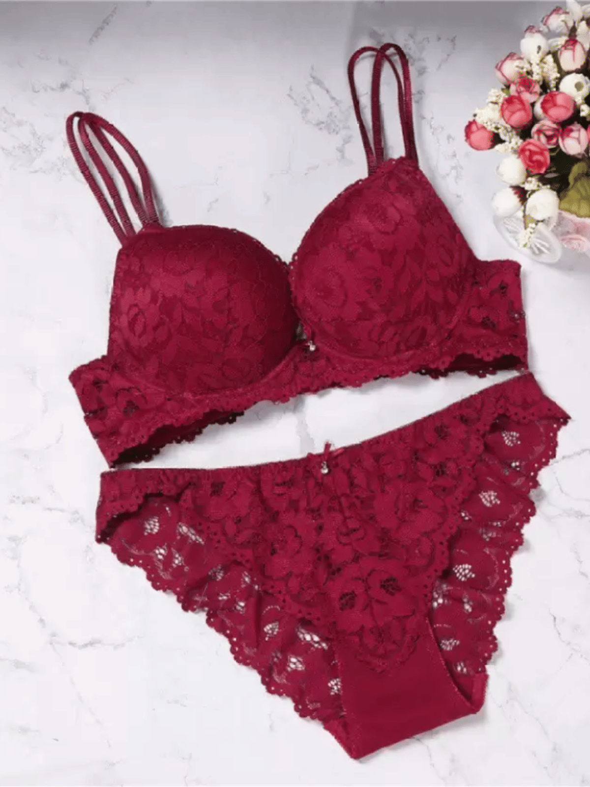    			BOM BOM Cotton Blend Lightly Padded Bra & Panty Set ( Maroon , Pack of 1 )