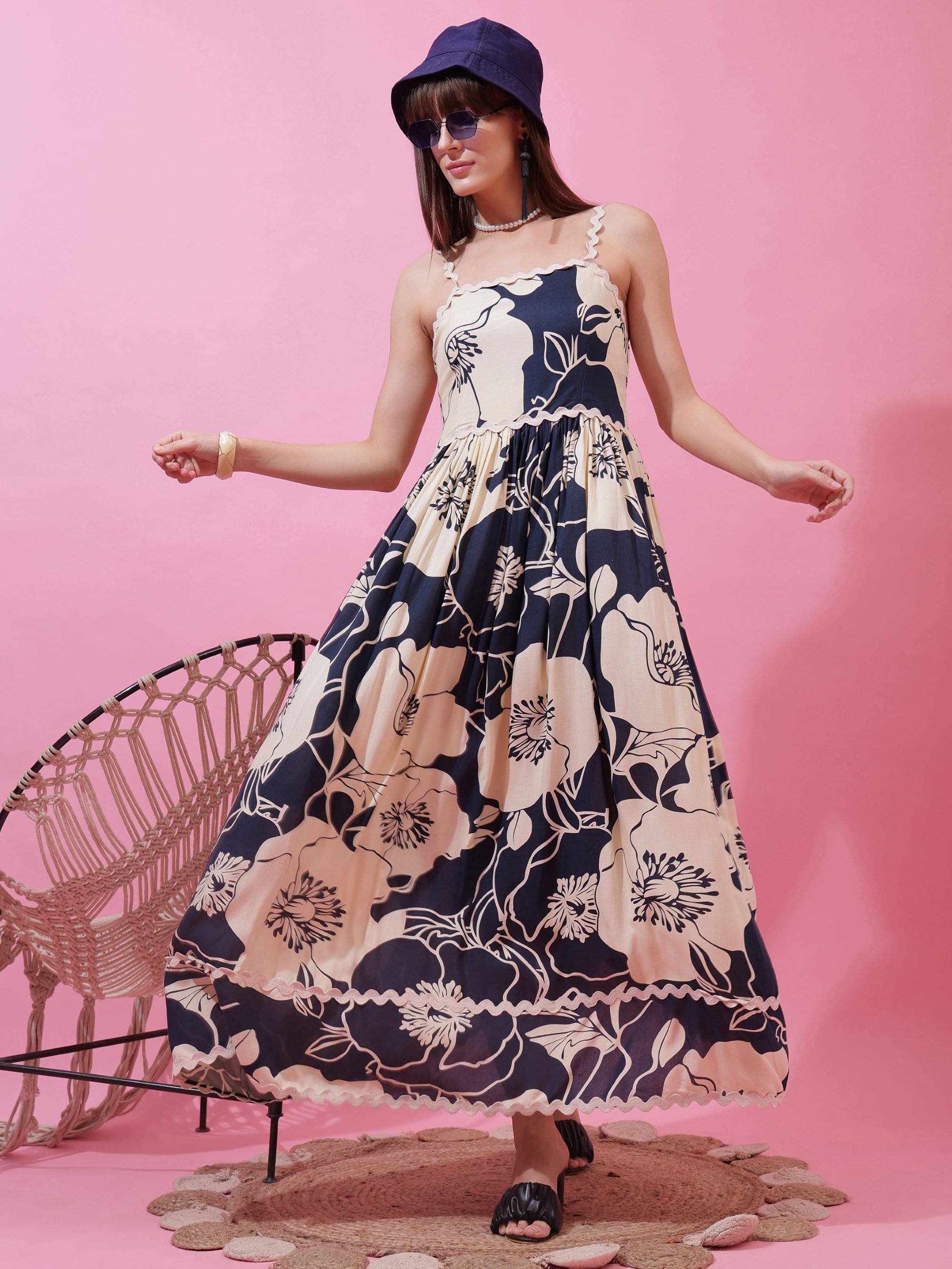     			Honky Tonky Women Cotton Printed Fit & Flare Dress ( Navy Blue )