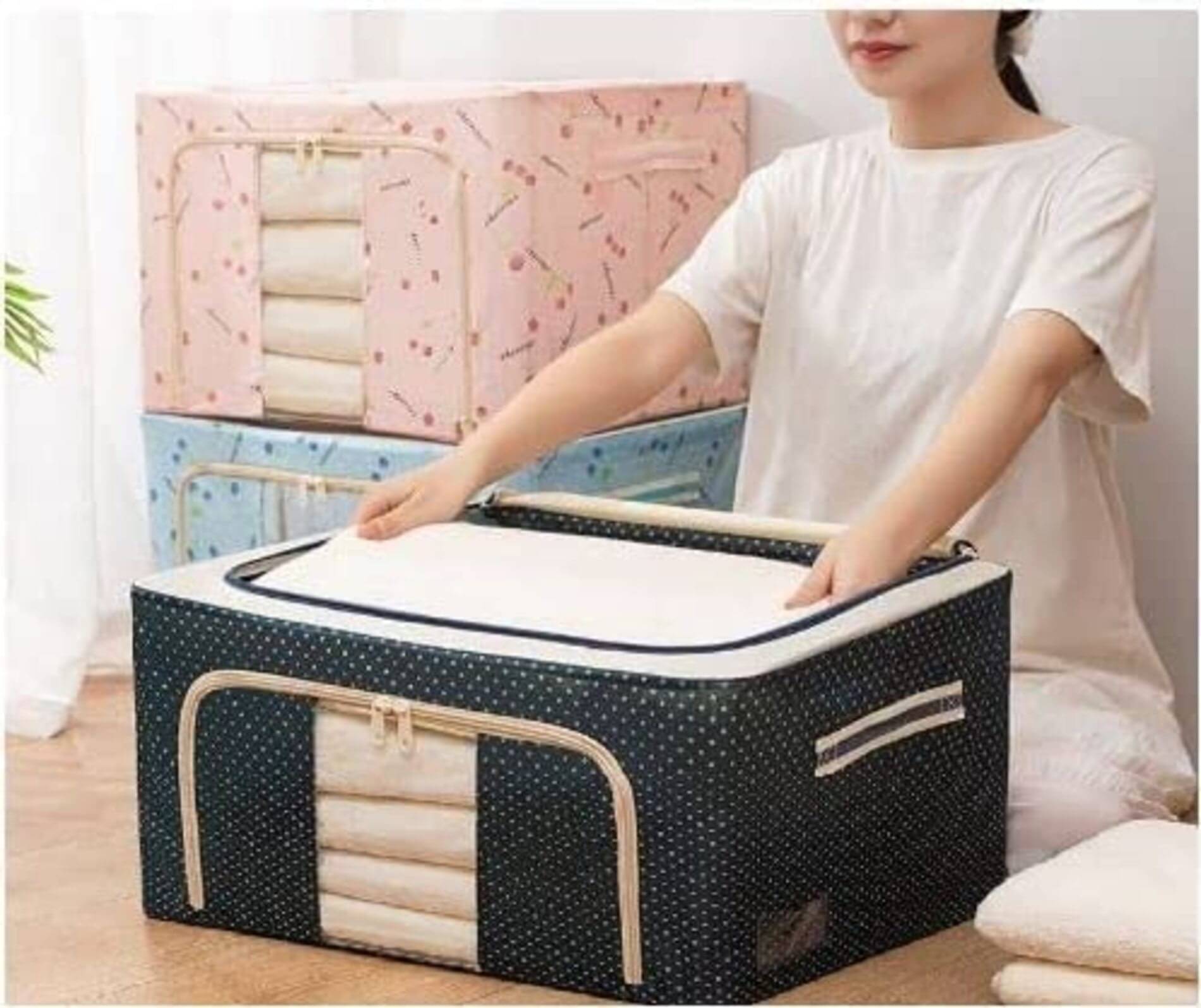     			Organisers Storage Box for Clothes 66 Liter Capacity Wardrobe Organizer for Clothes Storage Foldable Steel Frame with Zipper Clear Window with Handle (66 Ltr - Pack of 1)