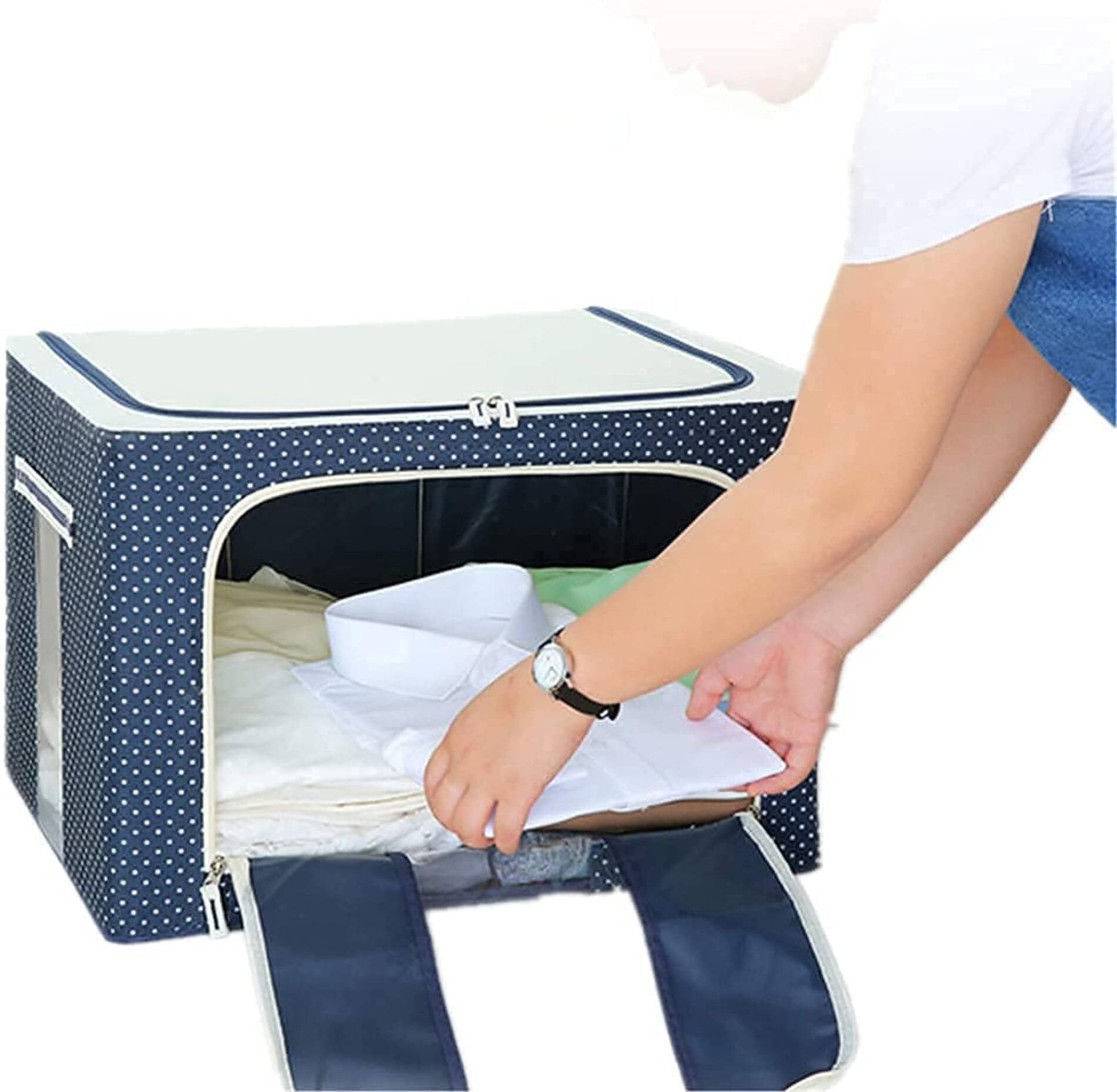     			Organisers Storage Box for Clothes 66 Liter Capacity Wardrobe Organizer for Clothes Storage Foldable Steel Frame with Zipper Clear Window with Handle (66 Ltr - Pack of 1)