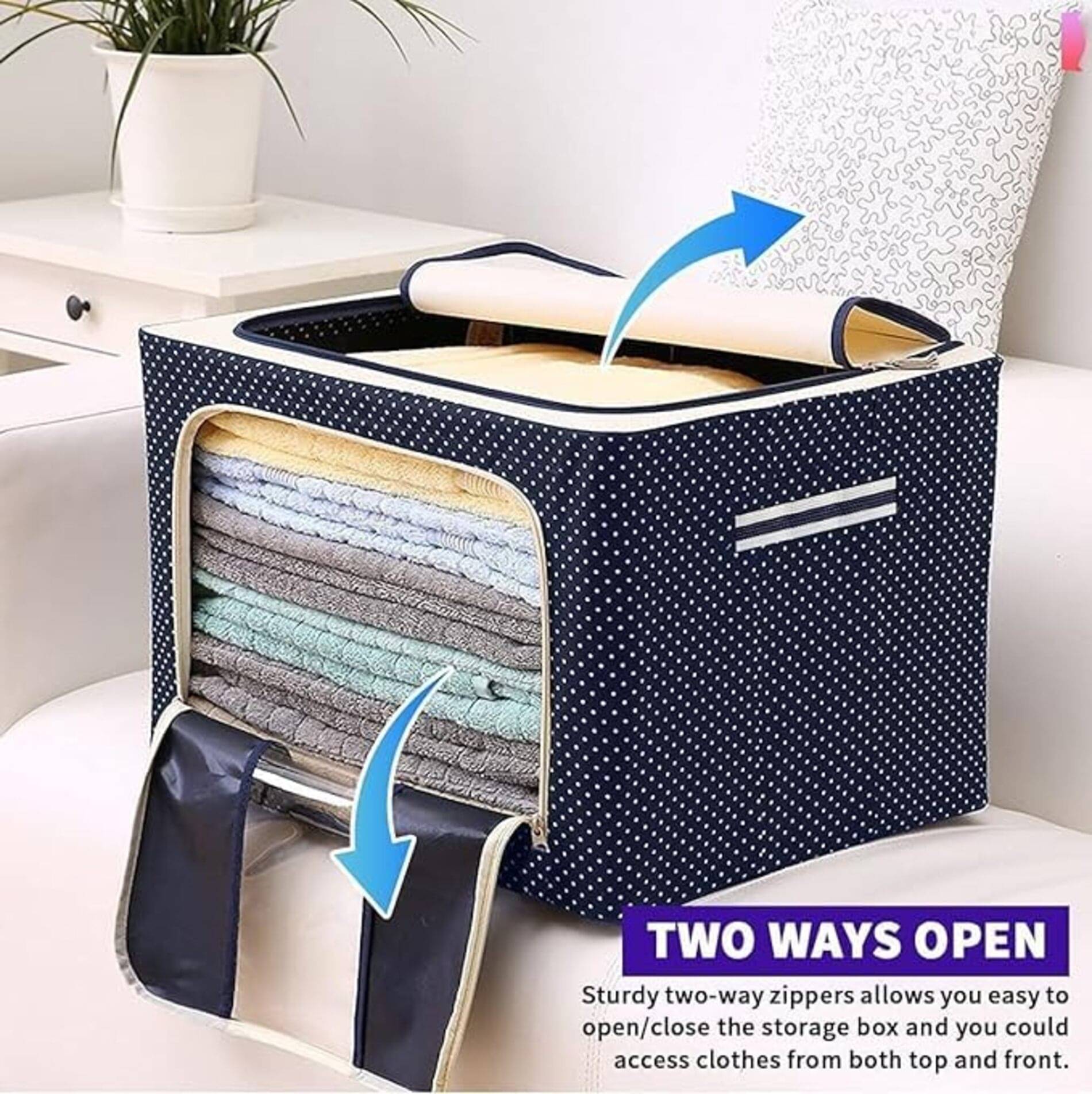     			Organisers Storage Box for Clothes 66 Liter Capacity Wardrobe Organizer for Clothes Storage Foldable Steel Frame with Zipper Clear Window with Handle (66 Ltr - Pack of 1)