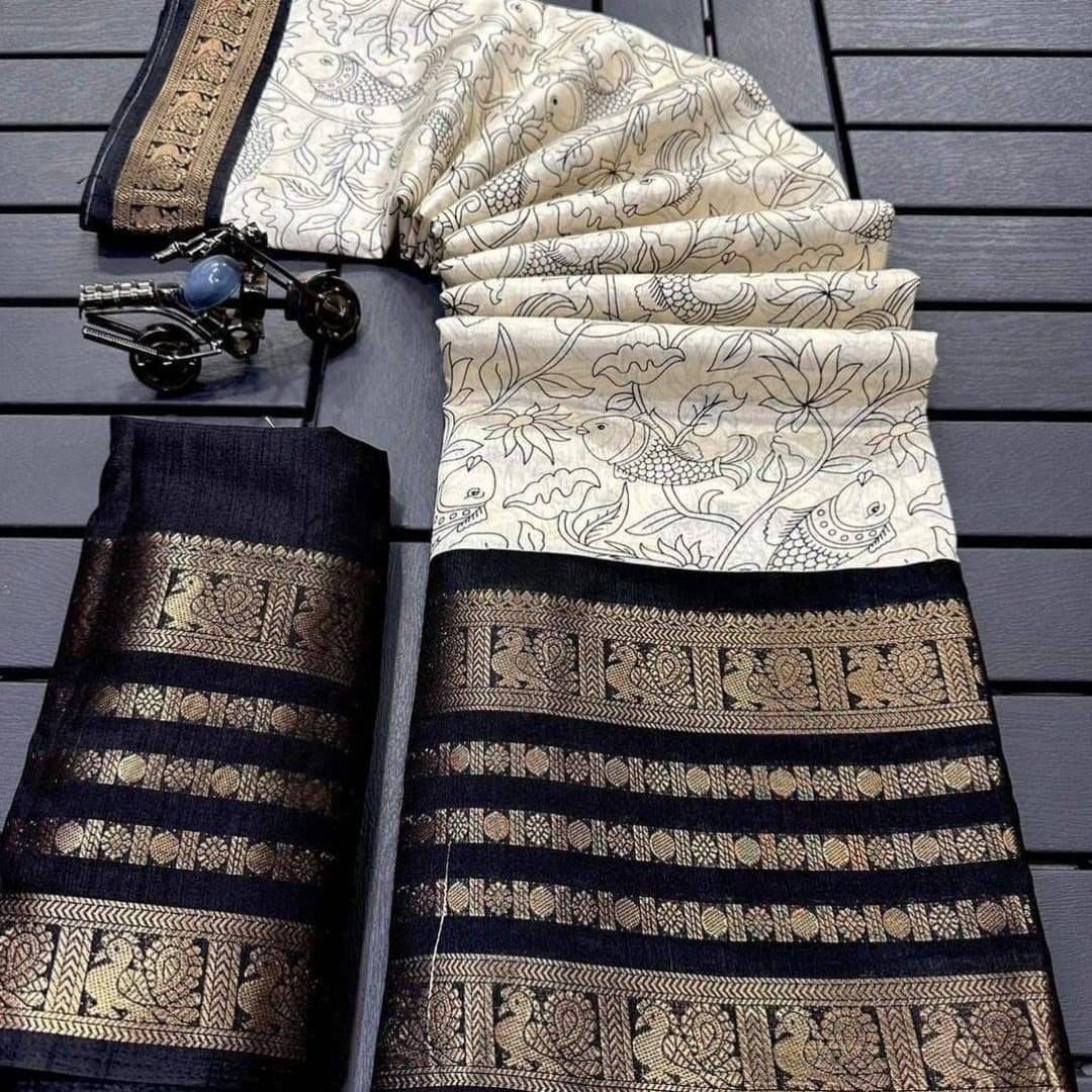 Ruyu Jacquard Printed Banarasi saree With Unstitched Blouse Piece ( White,Black )     			Ruyu Jacquard Printed Banarasi saree With Unstitched Blouse Piece ( White,Black )