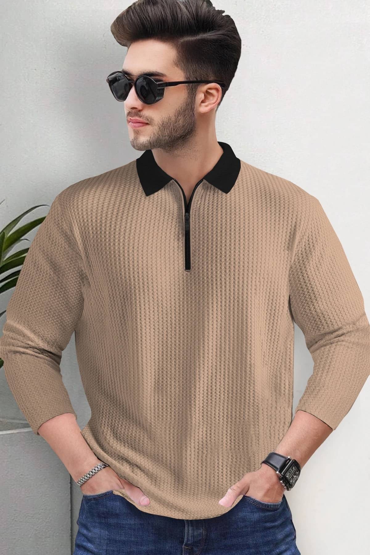 Tripr Men Cotton Blend Regular Fit Striped Polo T Shirt ( Beige ) Tripr Men Cotton Blend Regular Fit Striped Polo T Shirt ( Beige )