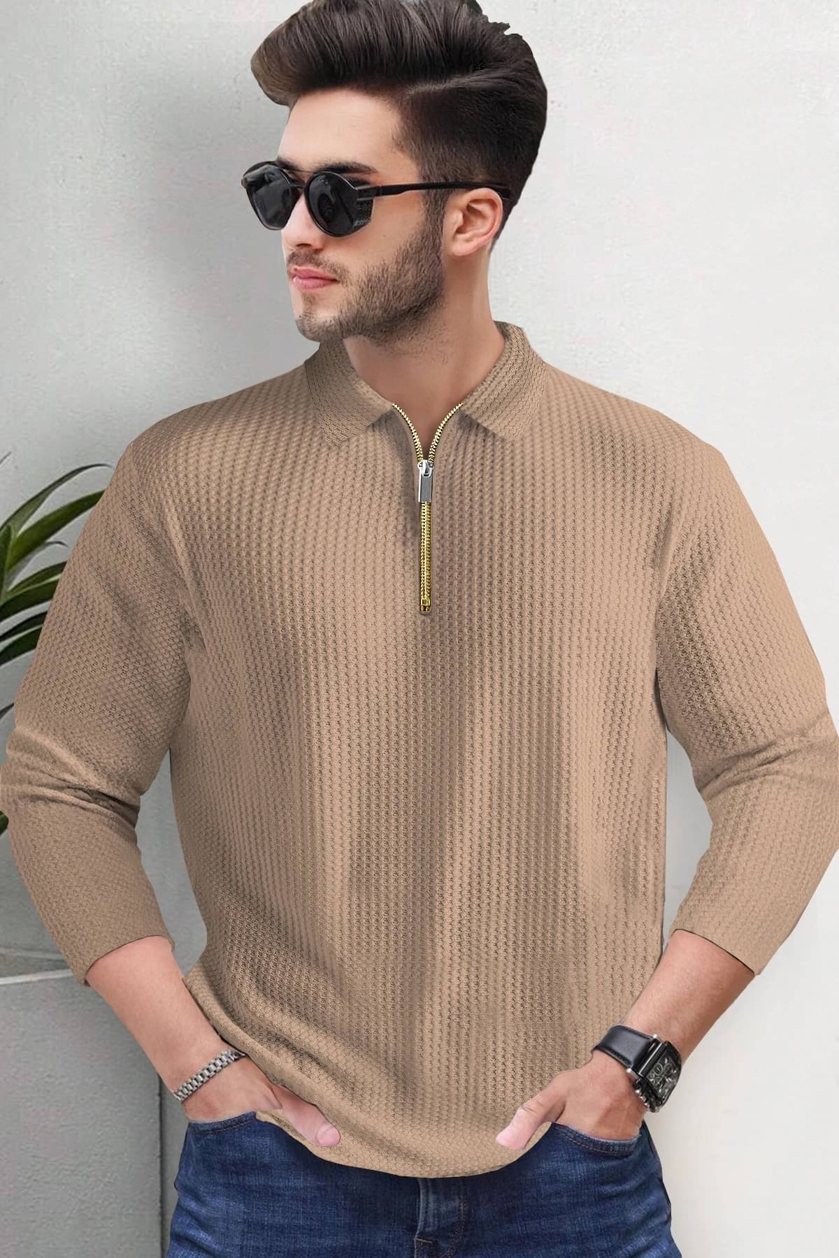 Tripr Men Cotton Blend Regular Fit Striped Polo T Shirt ( Beige ) Tripr Men Cotton Blend Regular Fit Striped Polo T Shirt ( Beige )