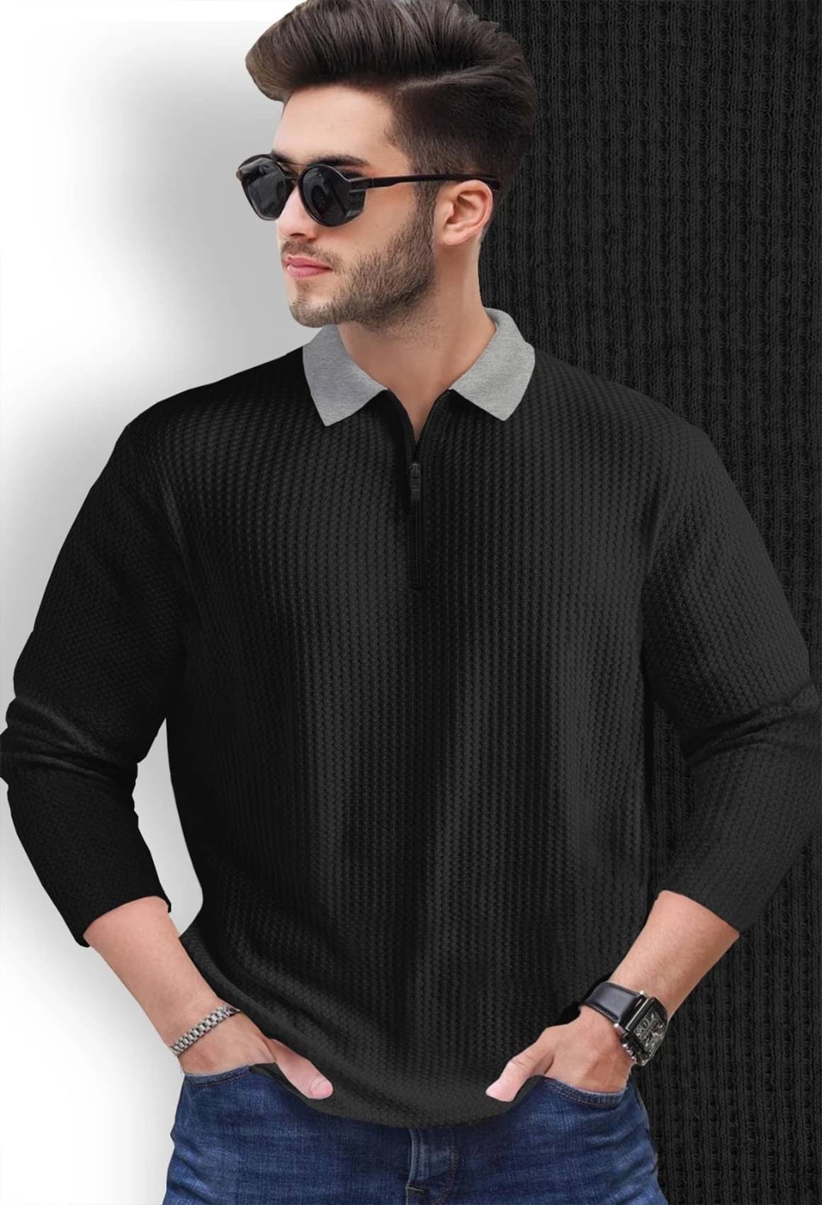 Tripr Men Cotton Blend Regular Fit Striped Polo T Shirt ( Black ) Tripr Men Cotton Blend Regular Fit Striped Polo T Shirt ( Black )