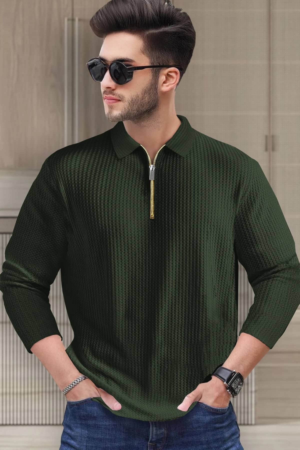 Tripr Men Cotton Blend Regular Fit Striped Polo T Shirt ( Dark Green ) Tripr Men Cotton Blend Regular Fit Striped Polo T Shirt ( Dark Green )