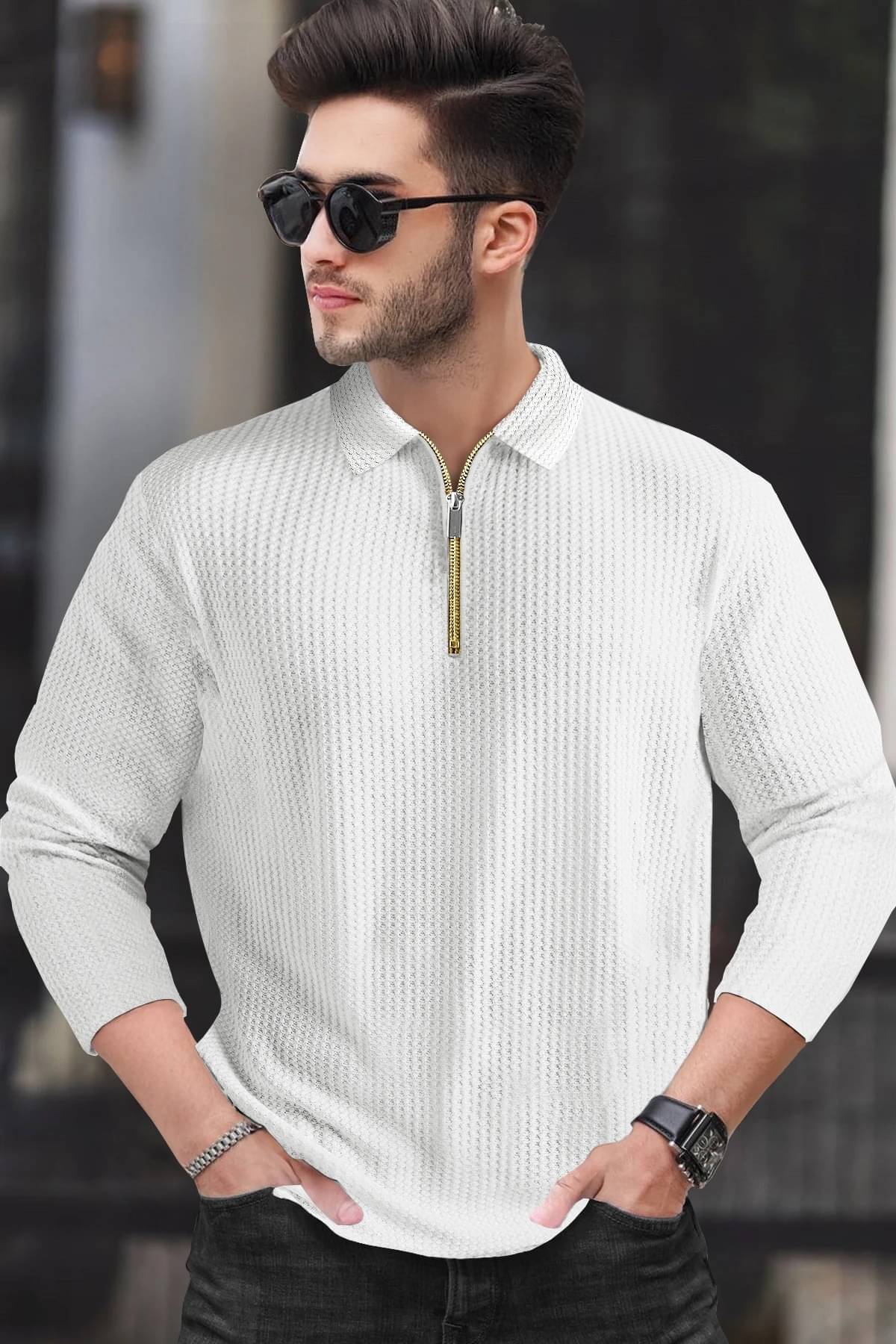     			Tripr Men Cotton Blend Regular Fit Striped Polo T Shirt ( White )
