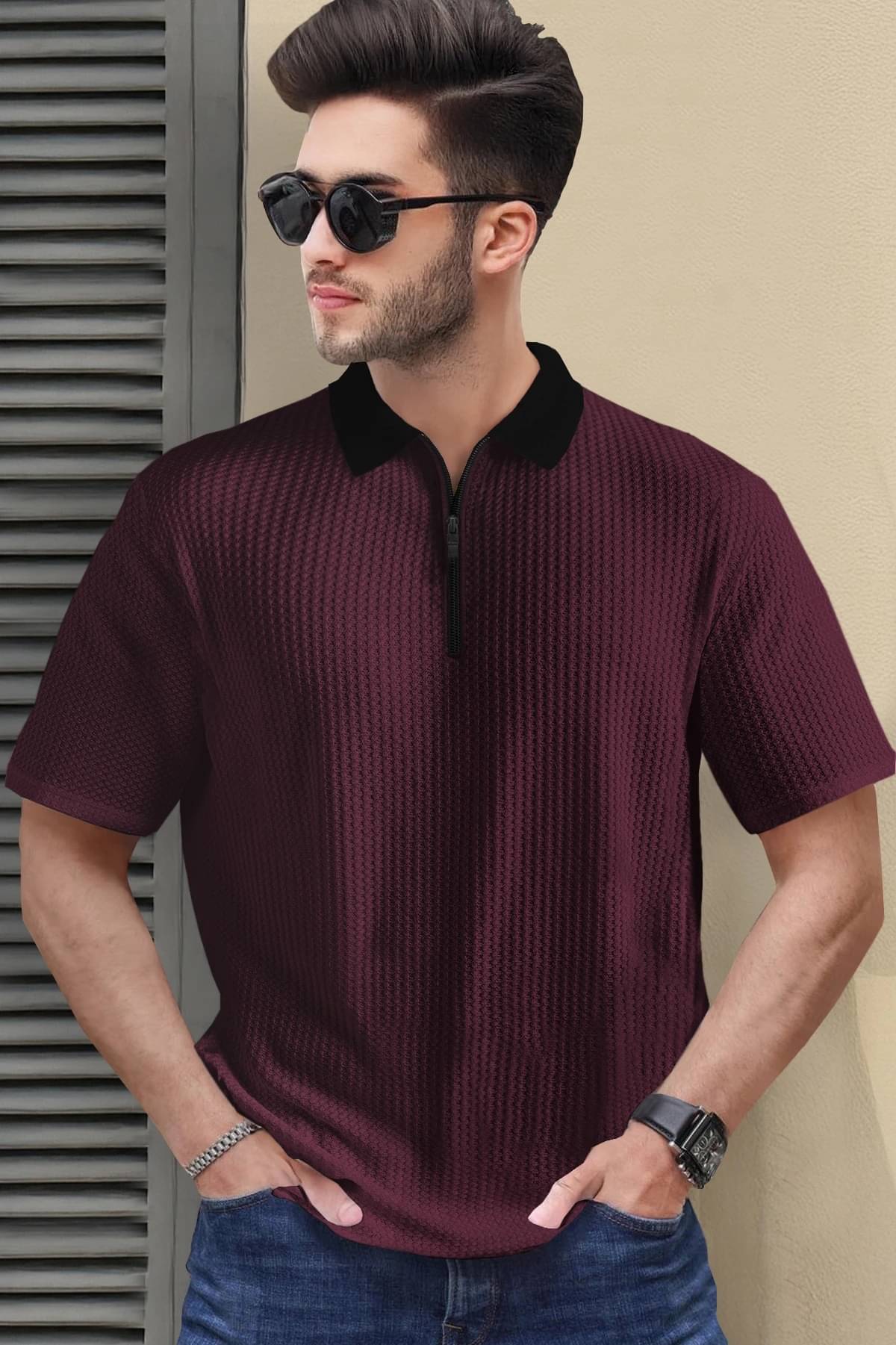 Tripr Men Cotton Blend Regular Fit Striped Polo T Shirt ( Maroon ) Tripr Men Cotton Blend Regular Fit Striped Polo T Shirt ( Maroon )