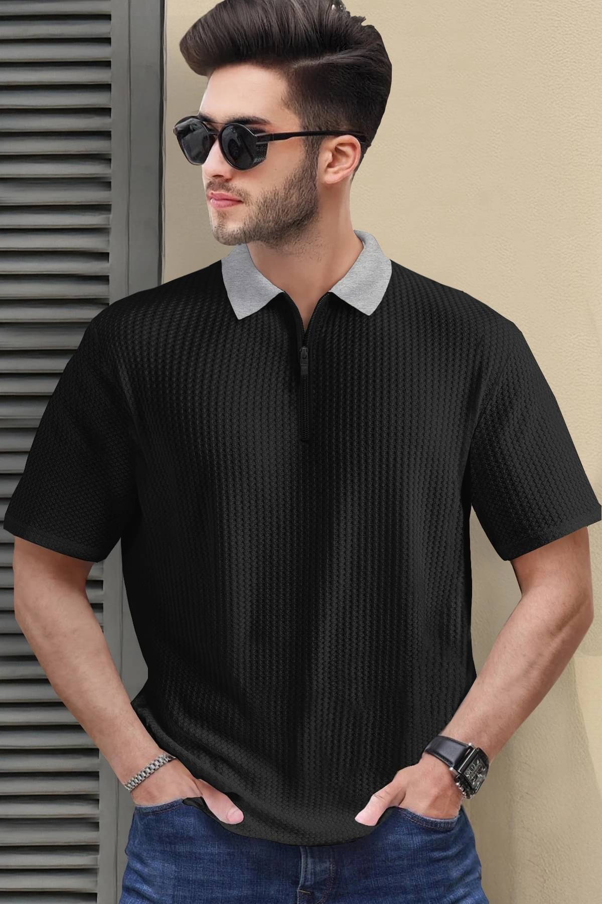 Tripr Men Cotton Blend Regular Fit Striped Polo T Shirt ( Black ) Tripr Men Cotton Blend Regular Fit Striped Polo T Shirt ( Black )
