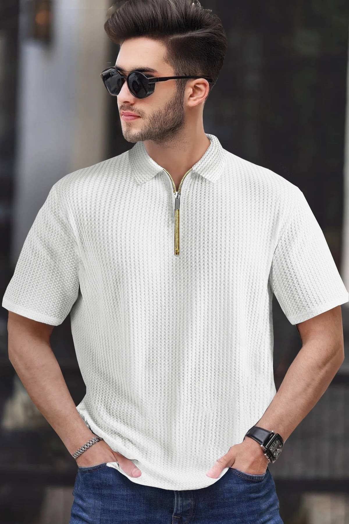     			Tripr Men Cotton Blend Regular Fit Striped Polo T Shirt ( White )