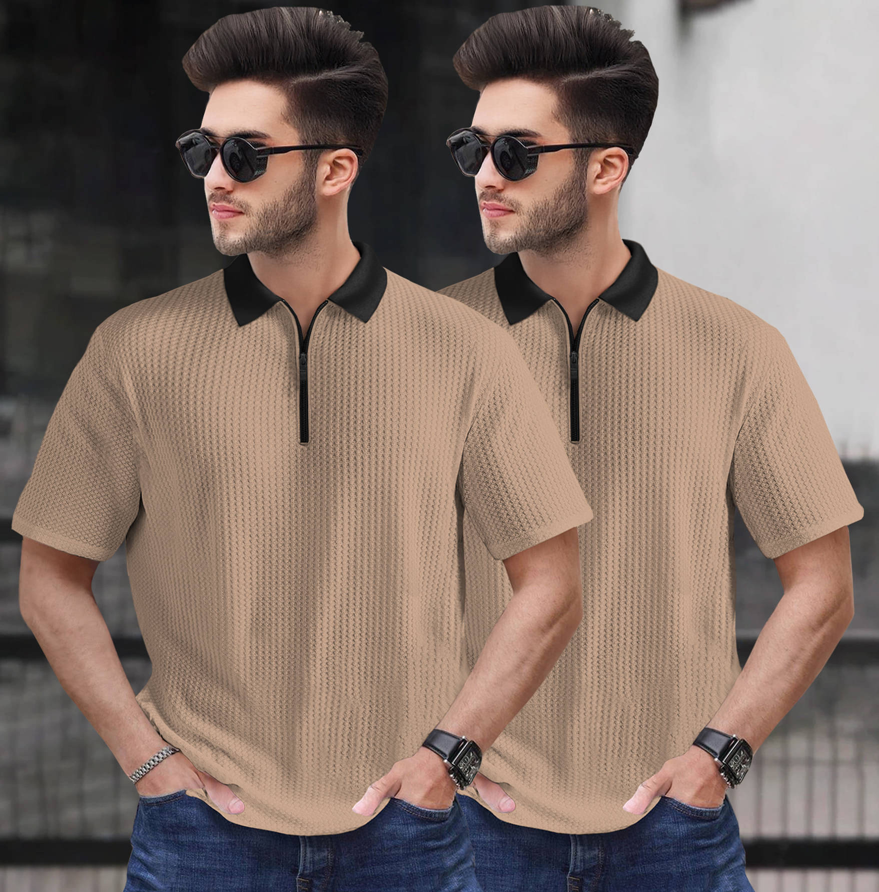 Tripr Men Cotton Blend Regular Fit Striped Polo T Shirt ( Beige ) Tripr Men Cotton Blend Regular Fit Striped Polo T Shirt ( Beige )