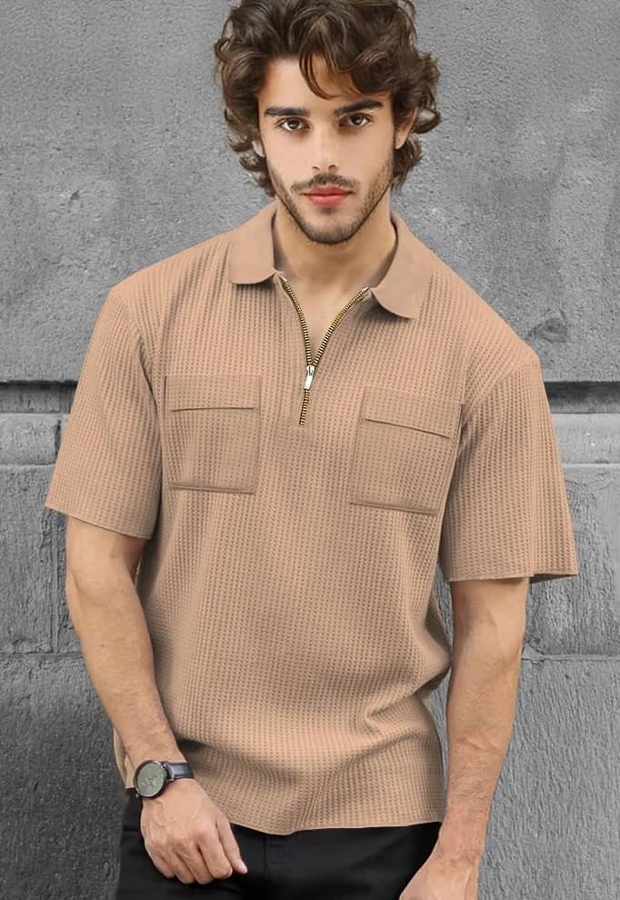 Tripr Men Cotton Blend Regular Fit Striped Polo T Shirt ( Beige ) Tripr Men Cotton Blend Regular Fit Striped Polo T Shirt ( Beige )