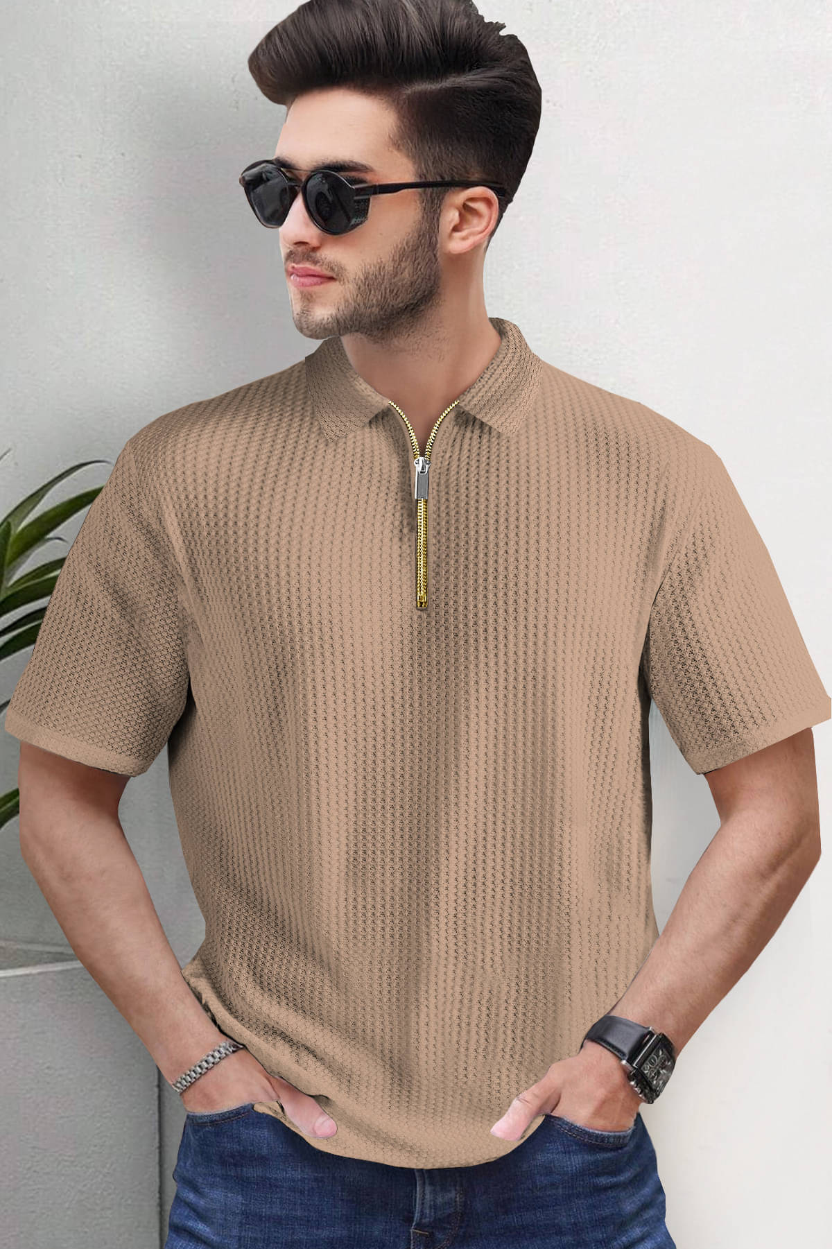     			Tripr Men Cotton Blend Regular Fit Striped Polo T Shirt ( Beige )