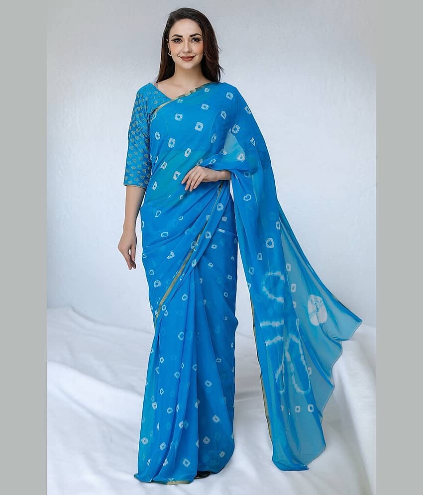 VIOUR Chiffon Dyed Bandhani Sarees With Unstitched Blouse Piece ( Sky Blue ) - Sarees | Buy online on ZillyBuy