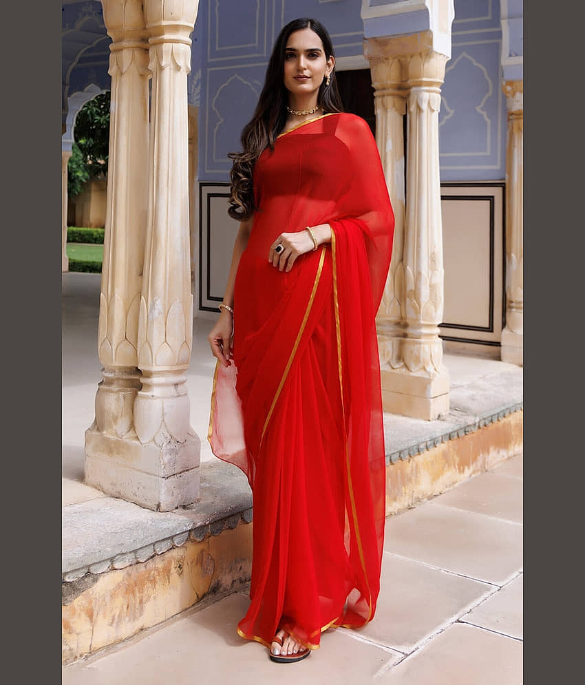 VIOUR Chiffon Solid Regular Saree With Unstitched Blouse Piece ( Red ) - Sarees | Buy online on ZillyBuy