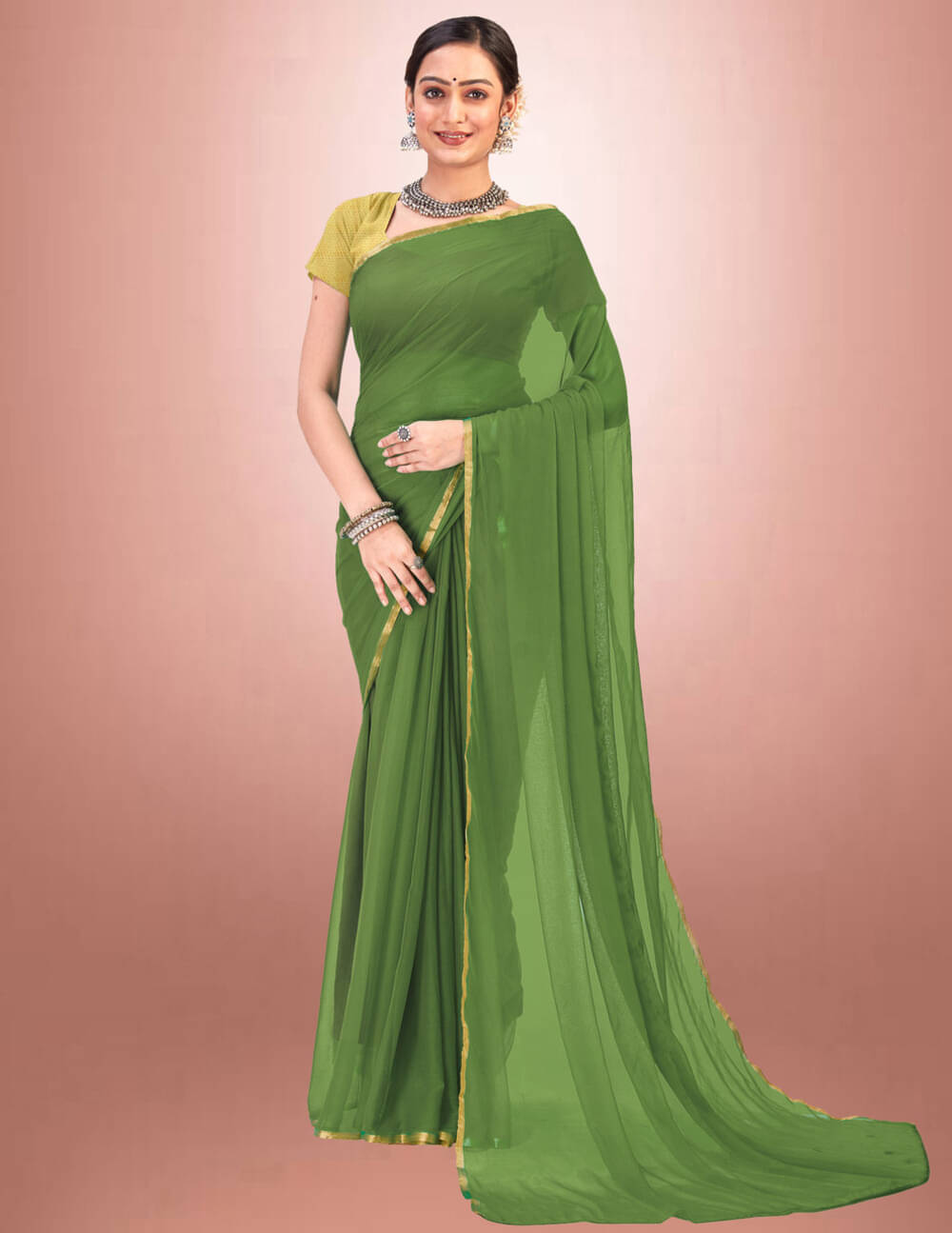 VIOUR Chiffon Solid Regular Saree With Unstitched Blouse Piece ( Lime Green ) VIOUR Chiffon Solid Regular Saree With Unstitched Blouse Piece ( Lime Green )