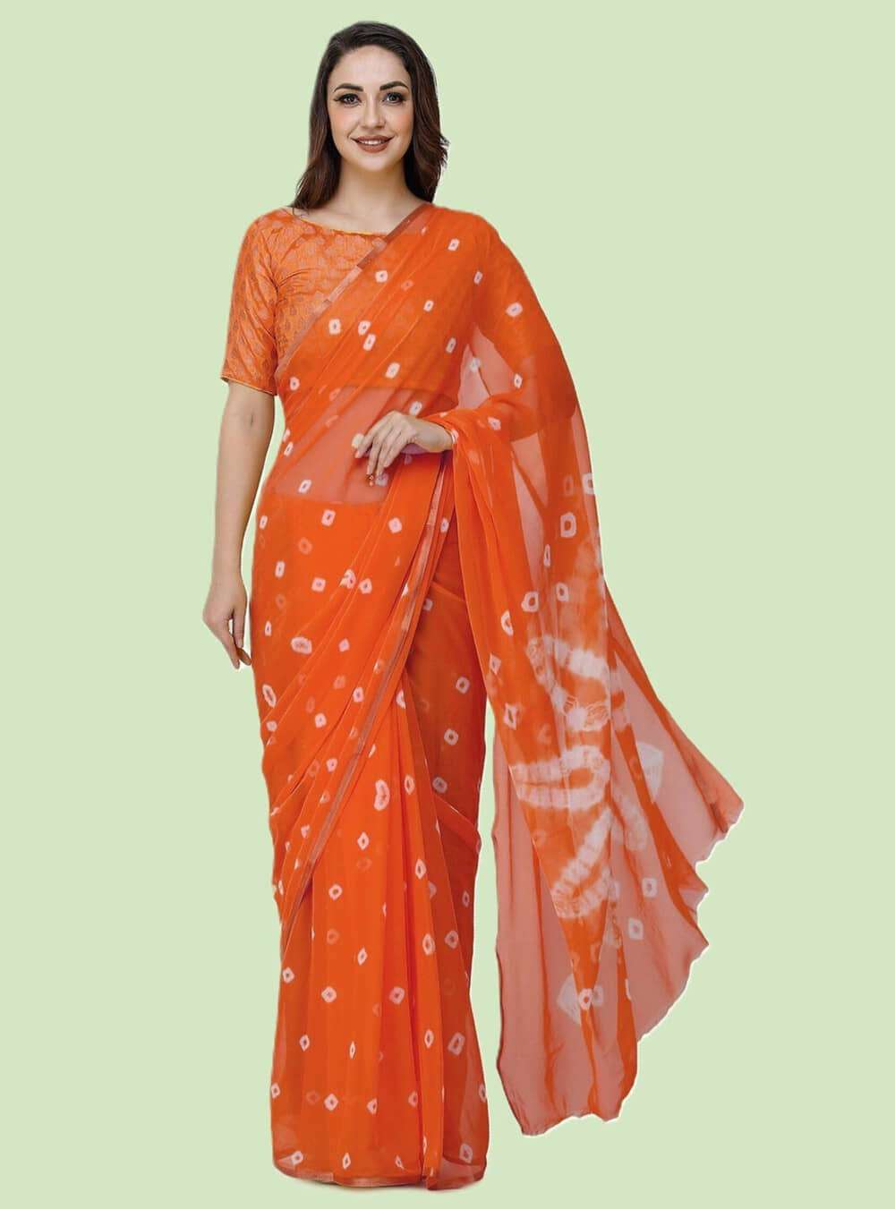 clafoutis Chiffon Dyed Bandhani Sarees With Unstitched Blouse Piece ( Orange ) - Sarees | Buy online on ZillyBuy