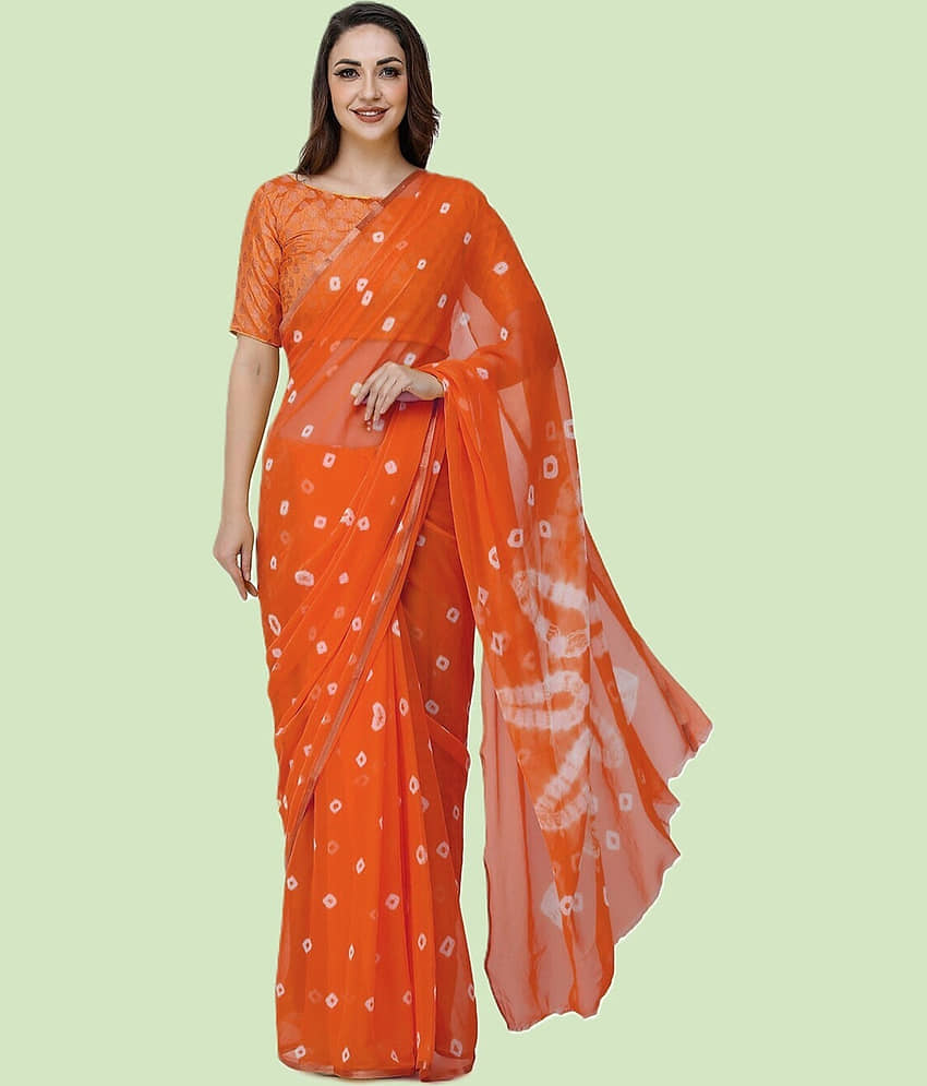 clafoutis Chiffon Dyed Bandhani Sarees With Unstitched Blouse Piece ( Orange ) - Sarees | Buy online on ZillyBuy