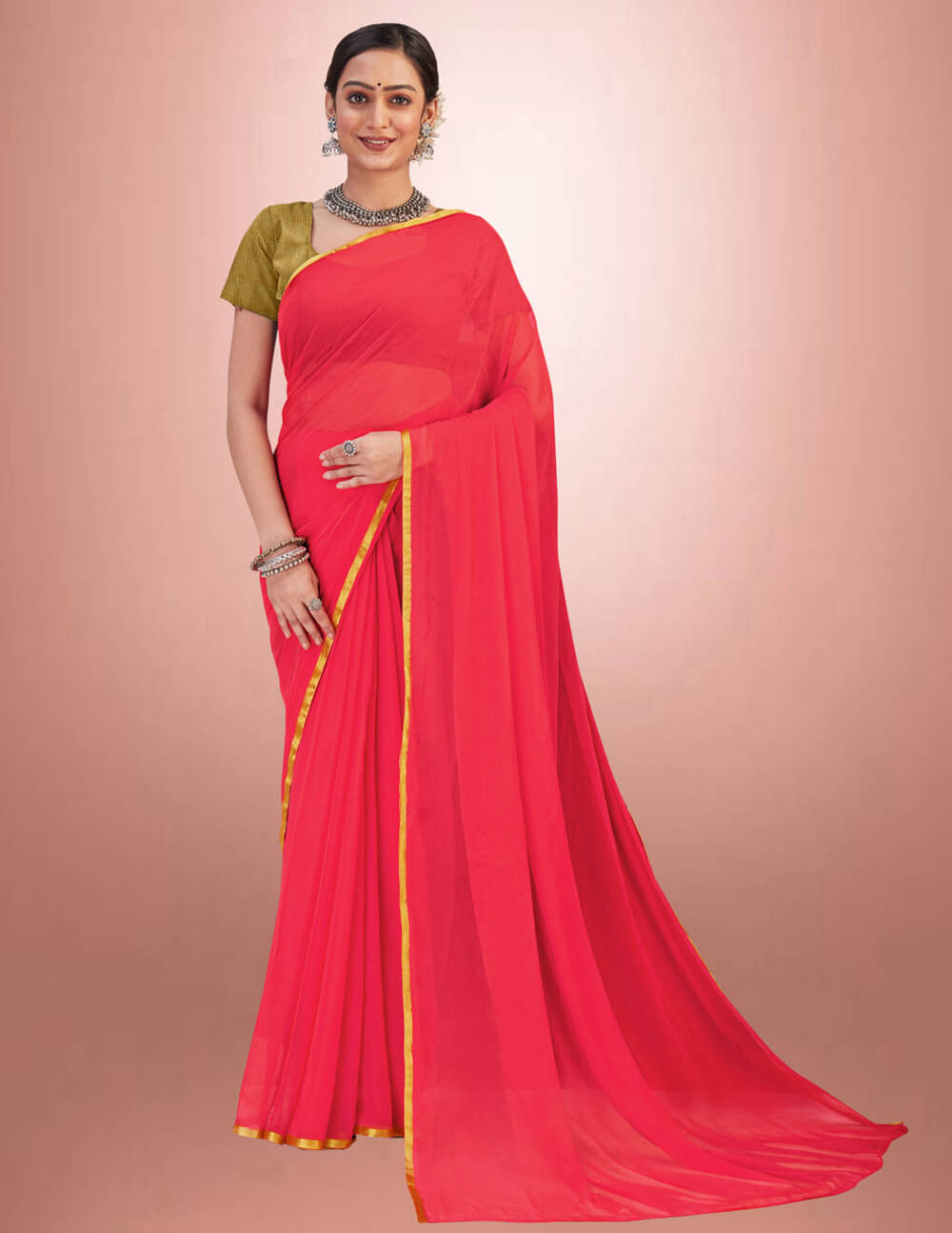     			clafoutis Chiffon Solid Regular Saree With Unstitched Blouse Piece ( Pink )