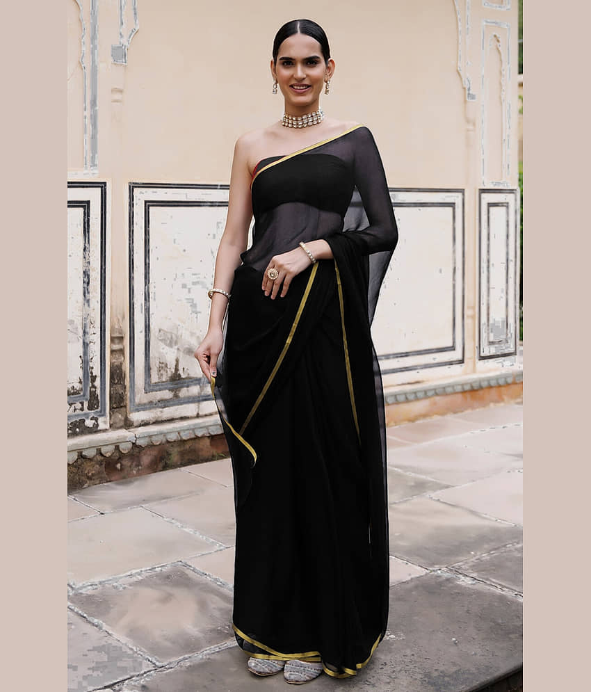 clafoutis Chiffon Solid Regular Saree With Unstitched Blouse Piece ( Black ) - Sarees | Buy online on ZillyBuy
