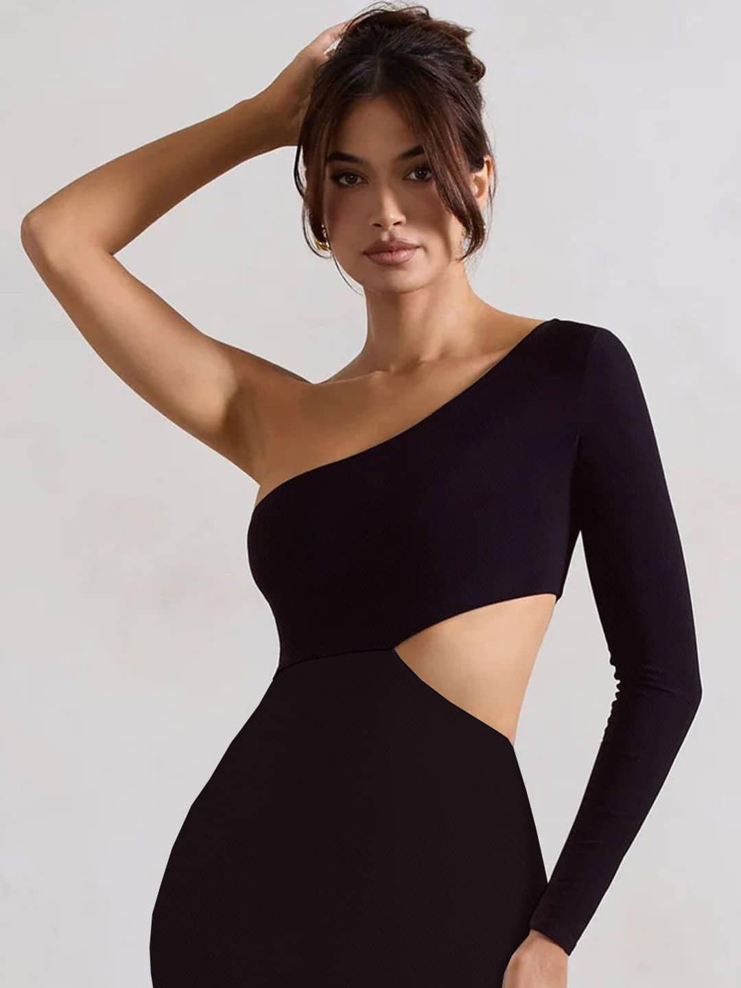 clafoutis Women Spandex Self Design Bodycon Dress ( Black )