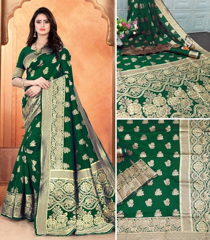 fab woven Art Silk Woven Design Kanjeevaram Sarees With Unstitched Blouse Piece ( Green ) - Sarees | Buy online on ZillyBuy