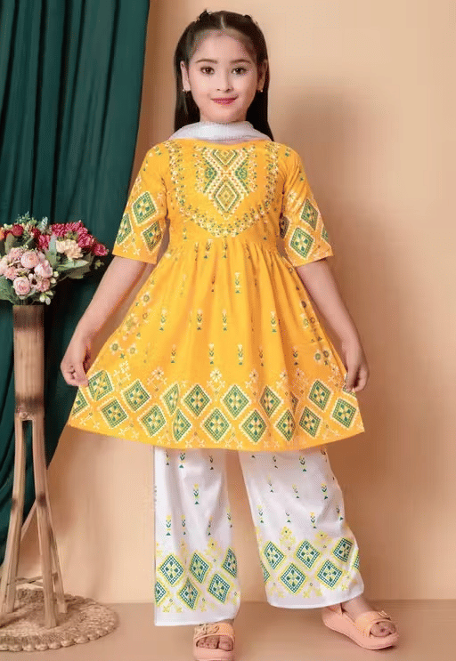 DS DRESSES Girls Cotton Kurti with Pants ( Pack of 1 , Pink )