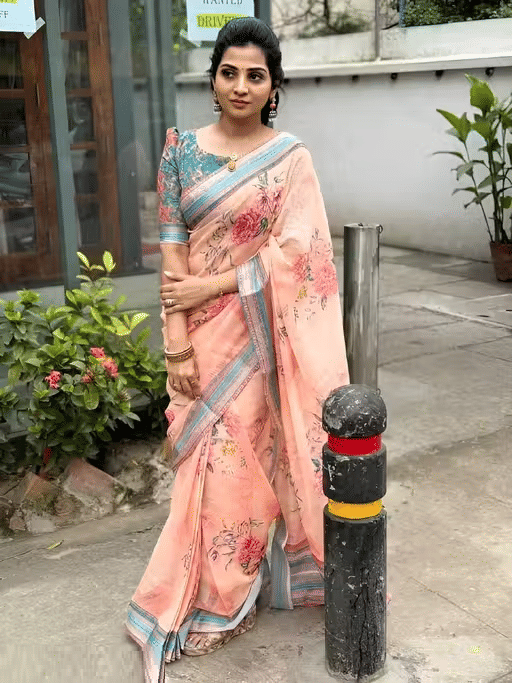     			Ditya Fashion Cotton Blend Printed Regular Saree With Unstitched Blouse Piece ( Peach )
