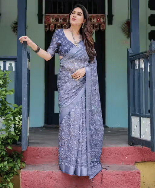     			Ditya Fashion Cotton Printed Regular Saree With Unstitched Blouse Piece ( Navy Blue )