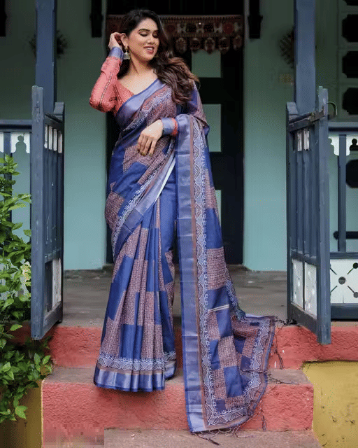     			Ditya Fashion Cotton Printed Regular Saree With Unstitched Blouse Piece ( Blue )