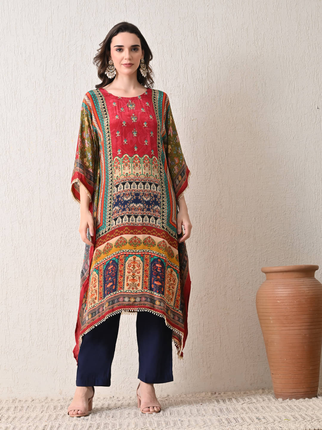 Hariks Women Crepe Printed Kaftan Kurti With Pants ( Maroon ) Hariks Women Crepe Printed Kaftan Kurti With Pants ( Maroon )