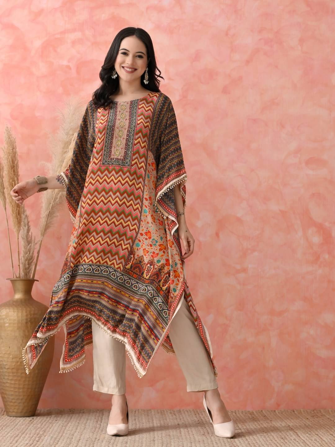 Hariks Women Crepe Printed Kaftan Kurti With Pants ( Brown ) Hariks Women Crepe Printed Kaftan Kurti With Pants ( Brown )