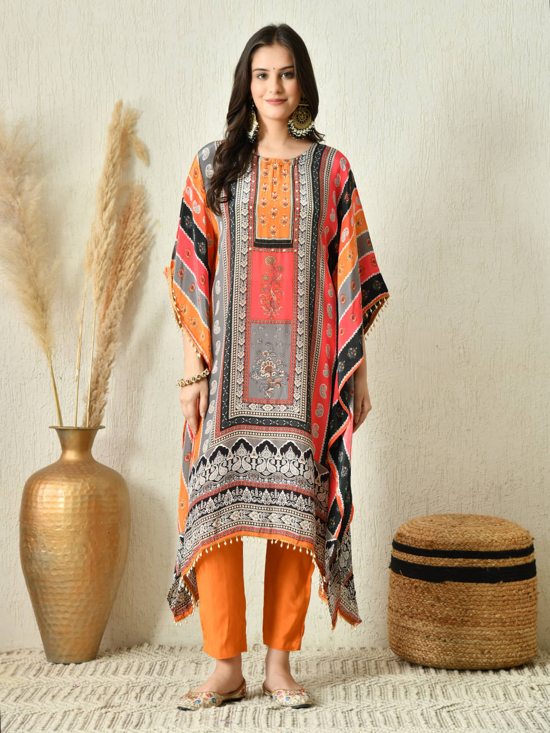     			Hariks Women Crepe Printed Kaftan Kurti With Pants ( Orange )