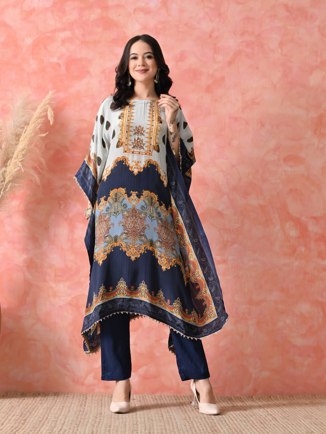Hariks Women Crepe Printed Kaftan Kurti With Pants ( Grey ) Hariks Women Crepe Printed Kaftan Kurti With Pants ( Grey )