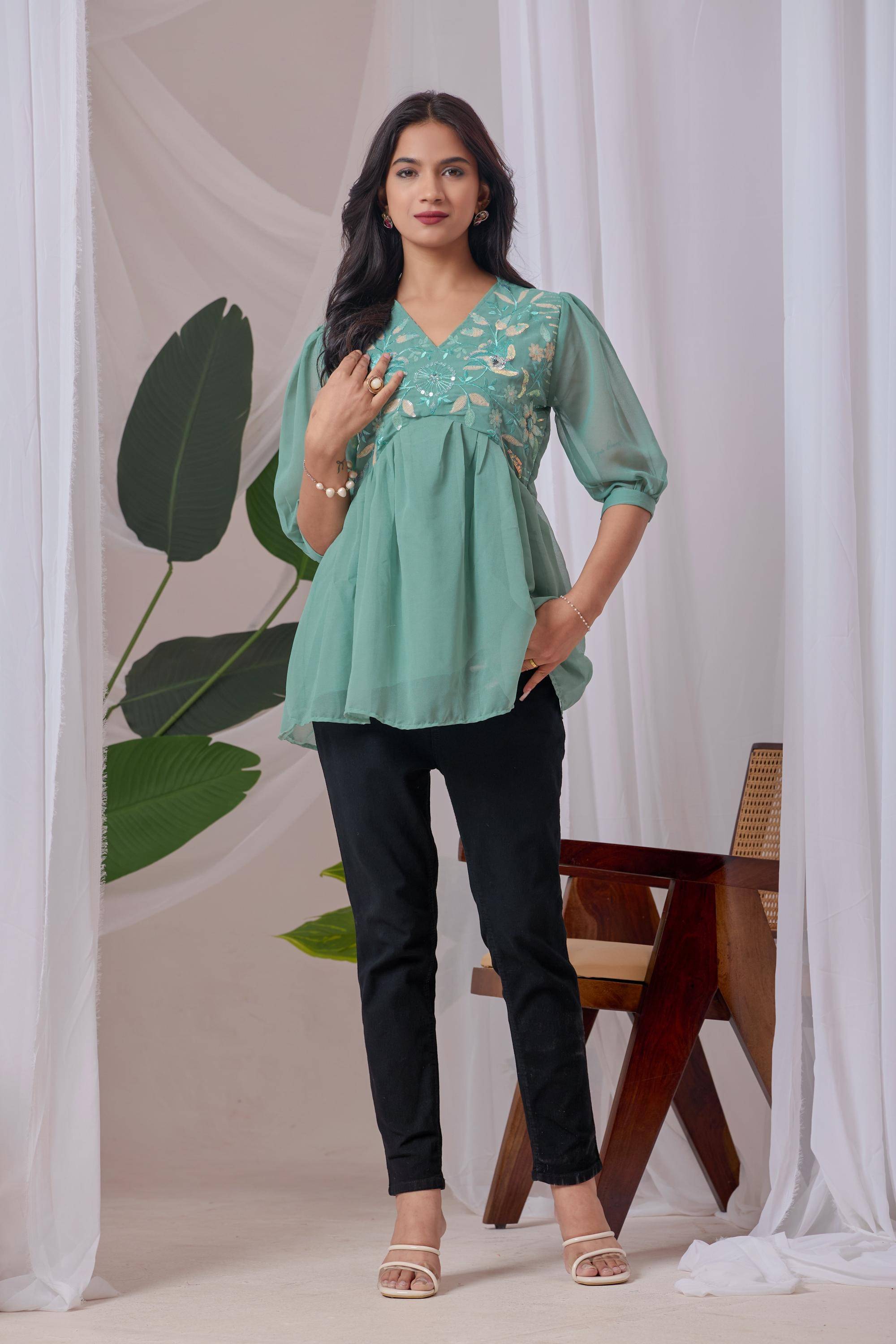 Hemang Fashion Women's Georgette Tunic ( Green )     			Hemang Fashion Women's Georgette Tunic ( Green )