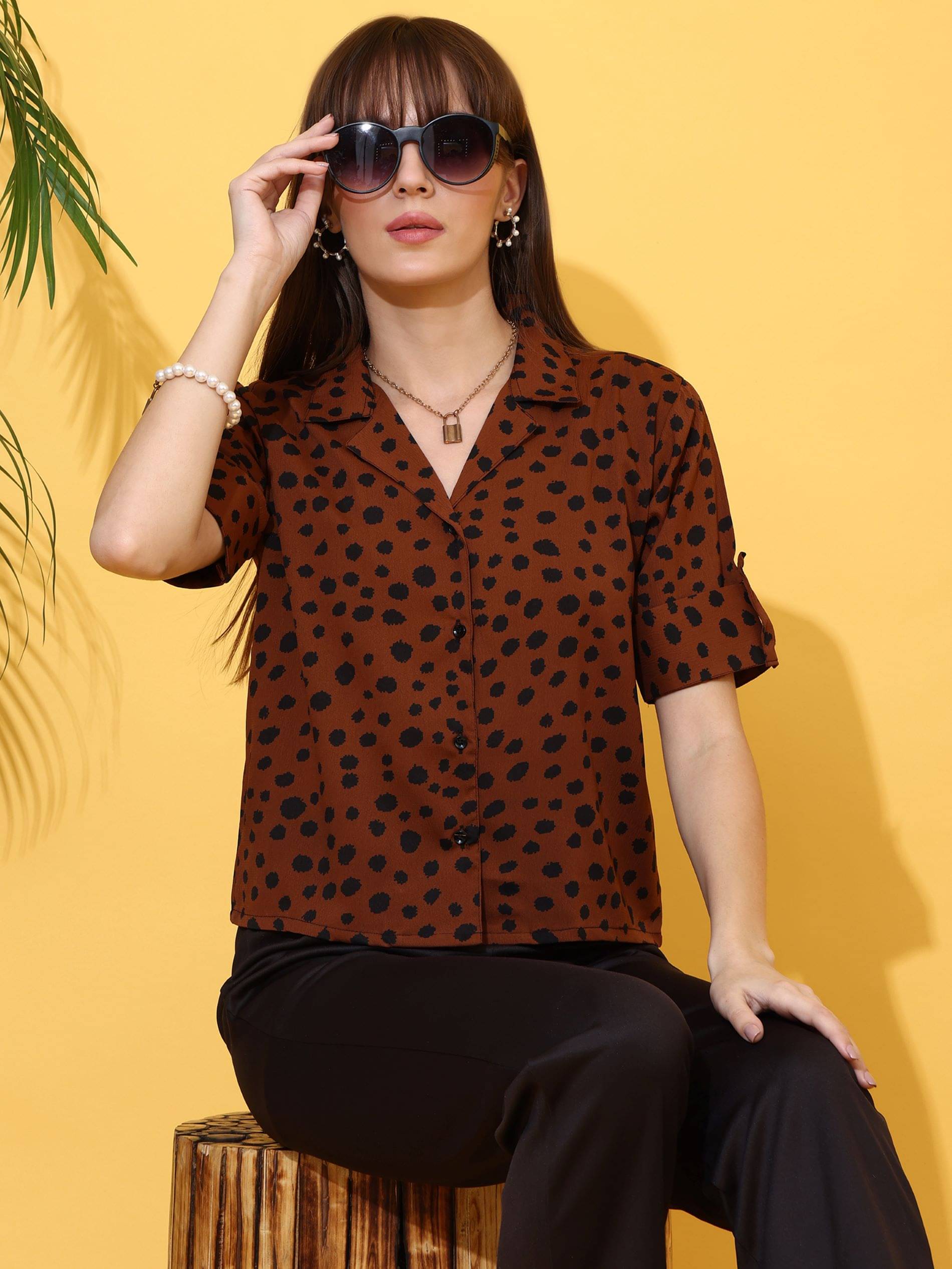 Honky Tonky Women Printed Crepe Shirt ( Coffee )     			Honky Tonky Women Printed Crepe Shirt ( Coffee )