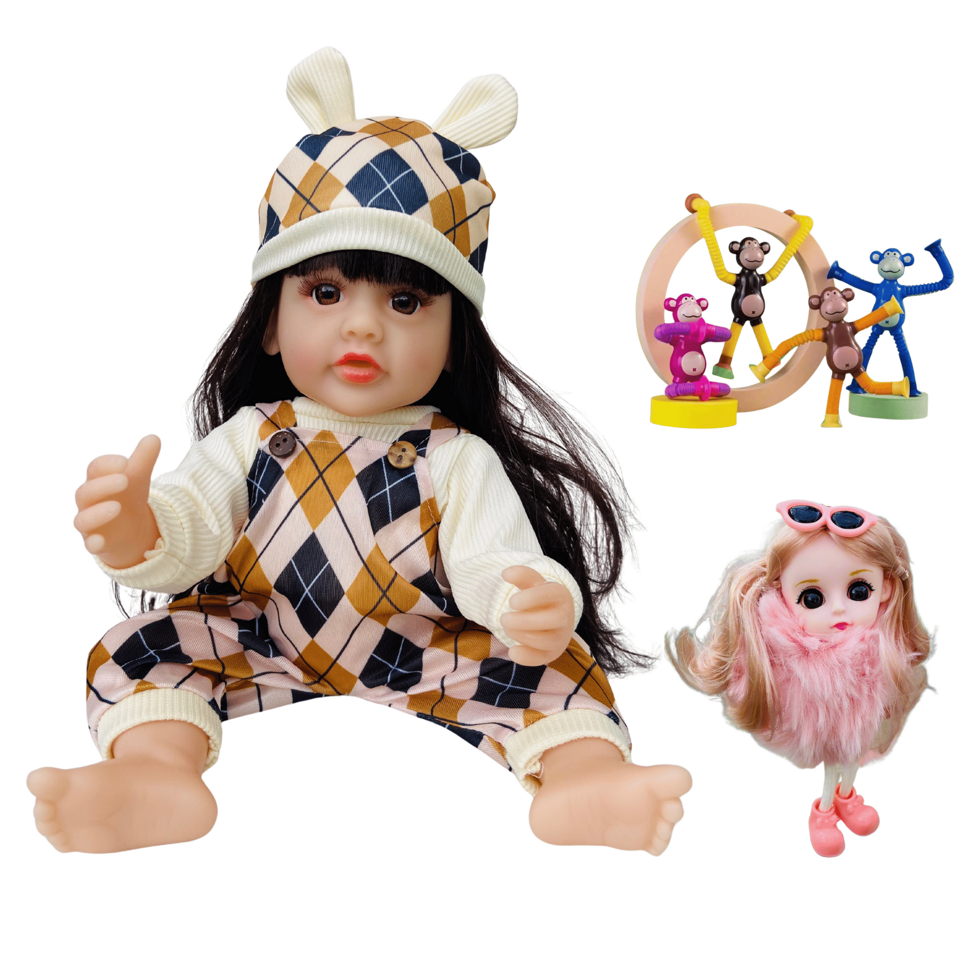     			NestyFox Combo – 33cm Realistic Silicone Baby Doll with Bunny Ears & Plush Outfit + 15cm Cute Mini Doll Keychain with Fluffy Dress – Lifelike Play Doll Toy Set & Gift for Girls