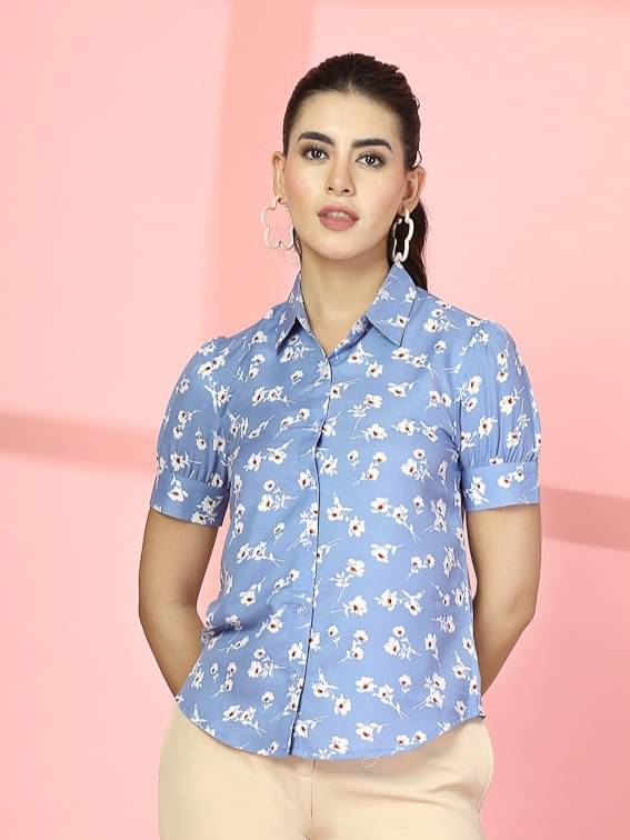 Oomph! Women Printed Cotton Blend Shirt ( Blue ) Oomph! Women Printed Cotton Blend Shirt ( Blue )