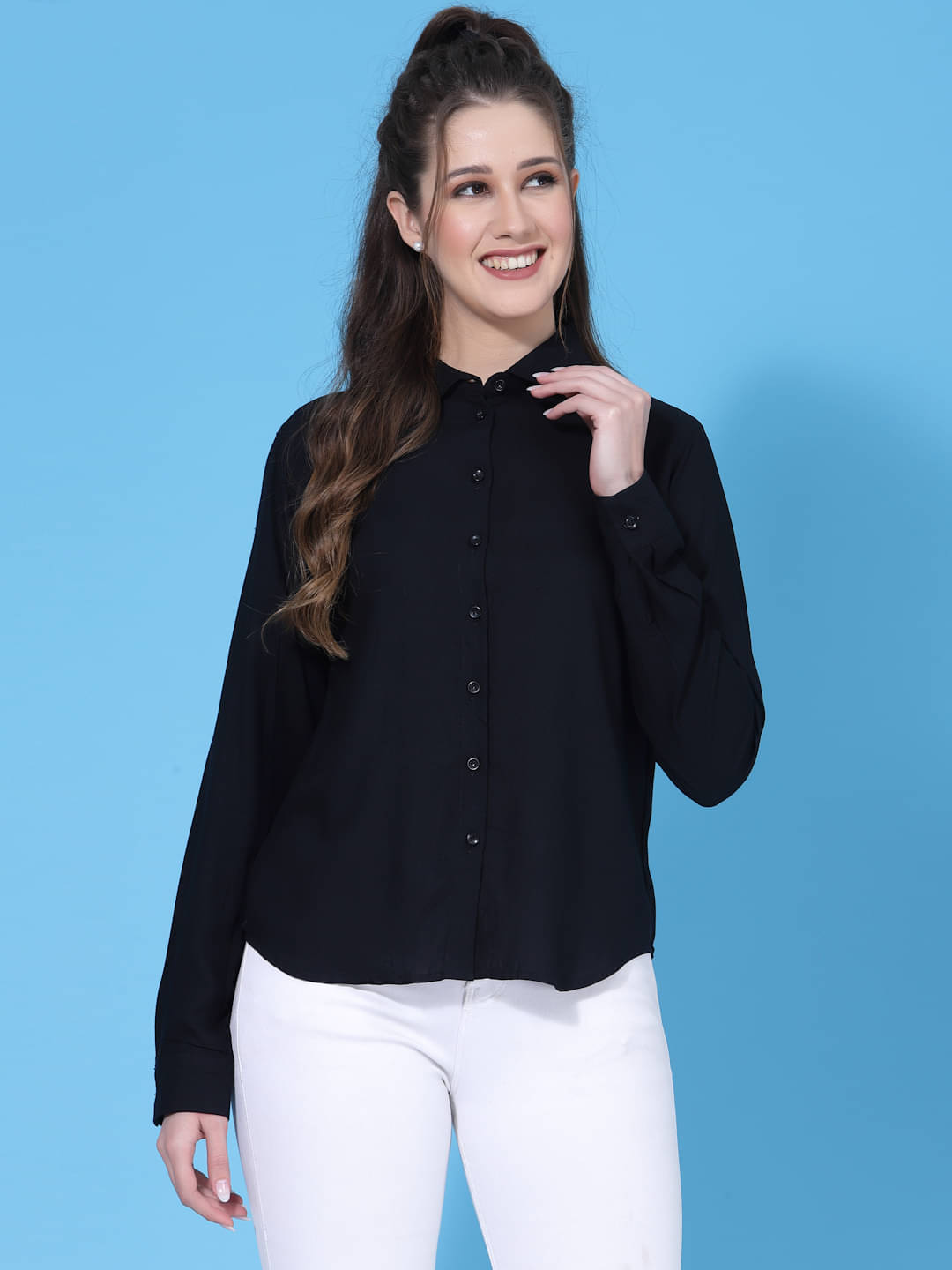 Oomph! Women Solid Cotton Blend Shirt ( Black ) Oomph! Women Solid Cotton Blend Shirt ( Black )
