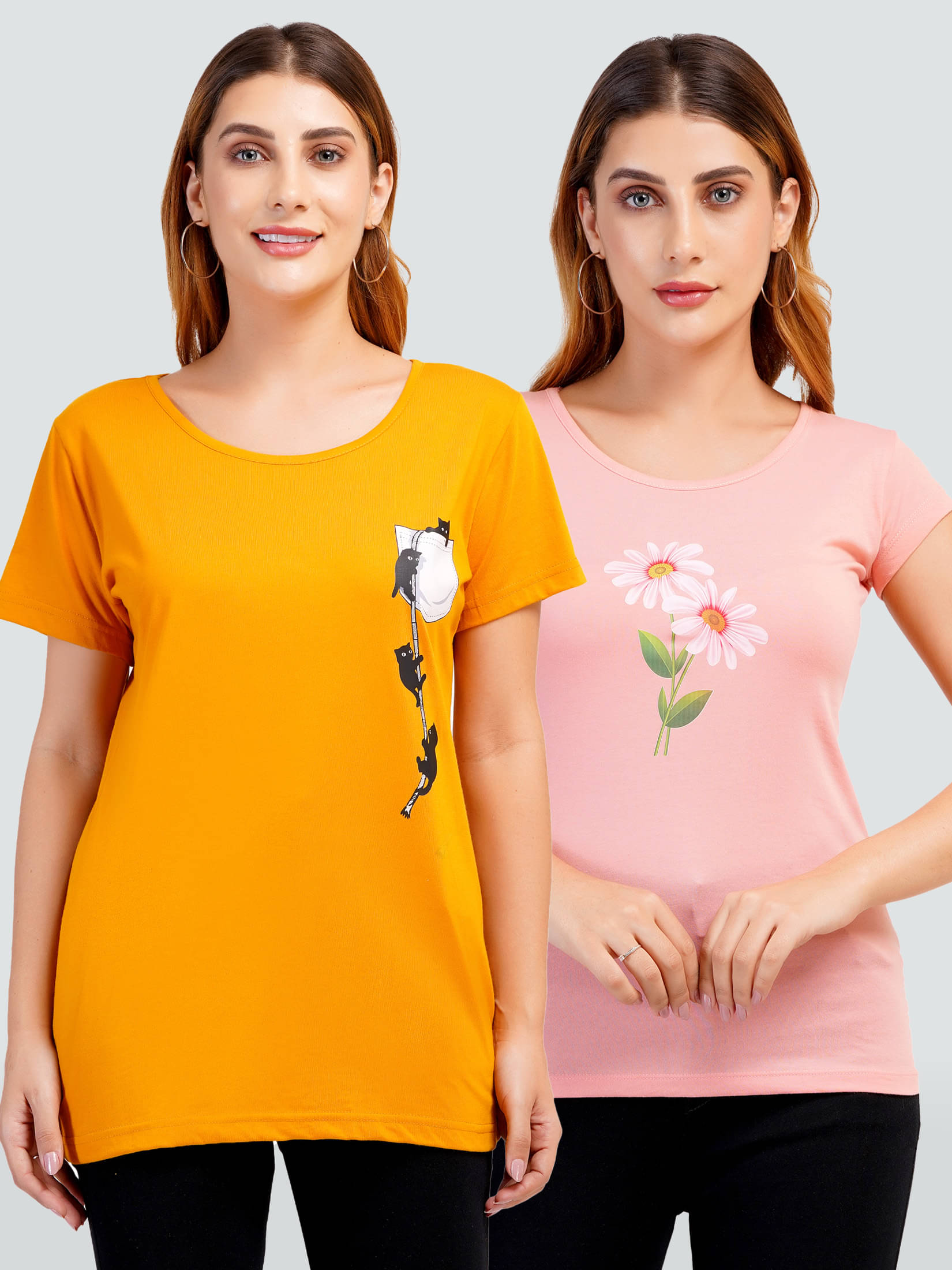 Romaisa Women Cotton Printed Regular Fit Round Neck T-Shirt ( Multicolor )     			Romaisa Women Cotton Printed Regular Fit Round Neck T-Shirt ( Multicolor )