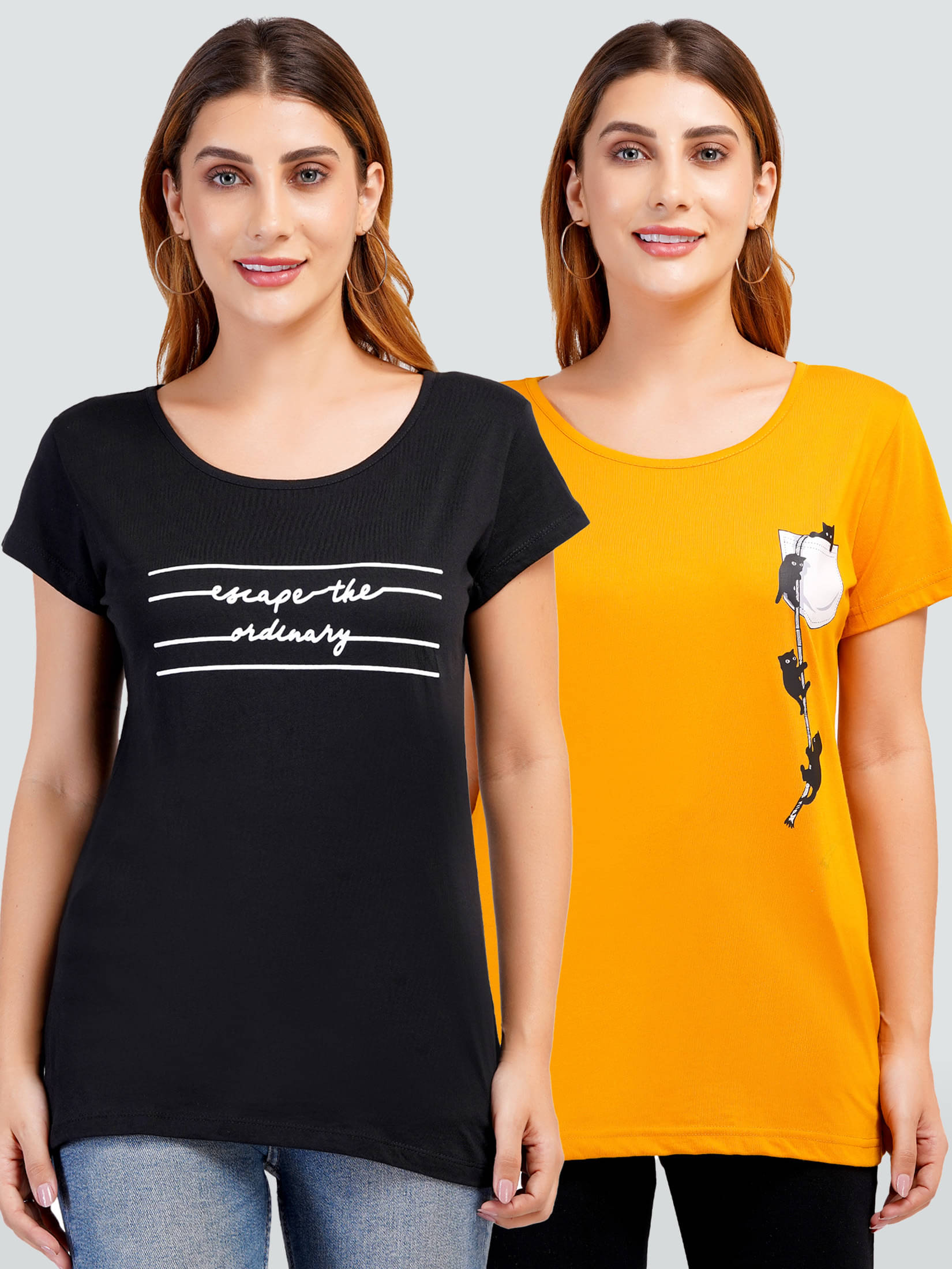 Romaisa Women Cotton Printed Regular Fit Round Neck T-Shirt ( Multicolor )     			Romaisa Women Cotton Printed Regular Fit Round Neck T-Shirt ( Multicolor )