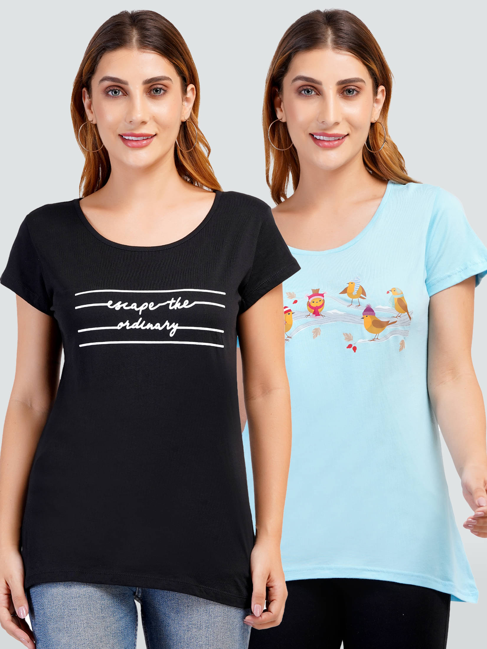 Romaisa Women Cotton Printed Regular Fit Round Neck T-Shirt ( Multicolor )     			Romaisa Women Cotton Printed Regular Fit Round Neck T-Shirt ( Multicolor )